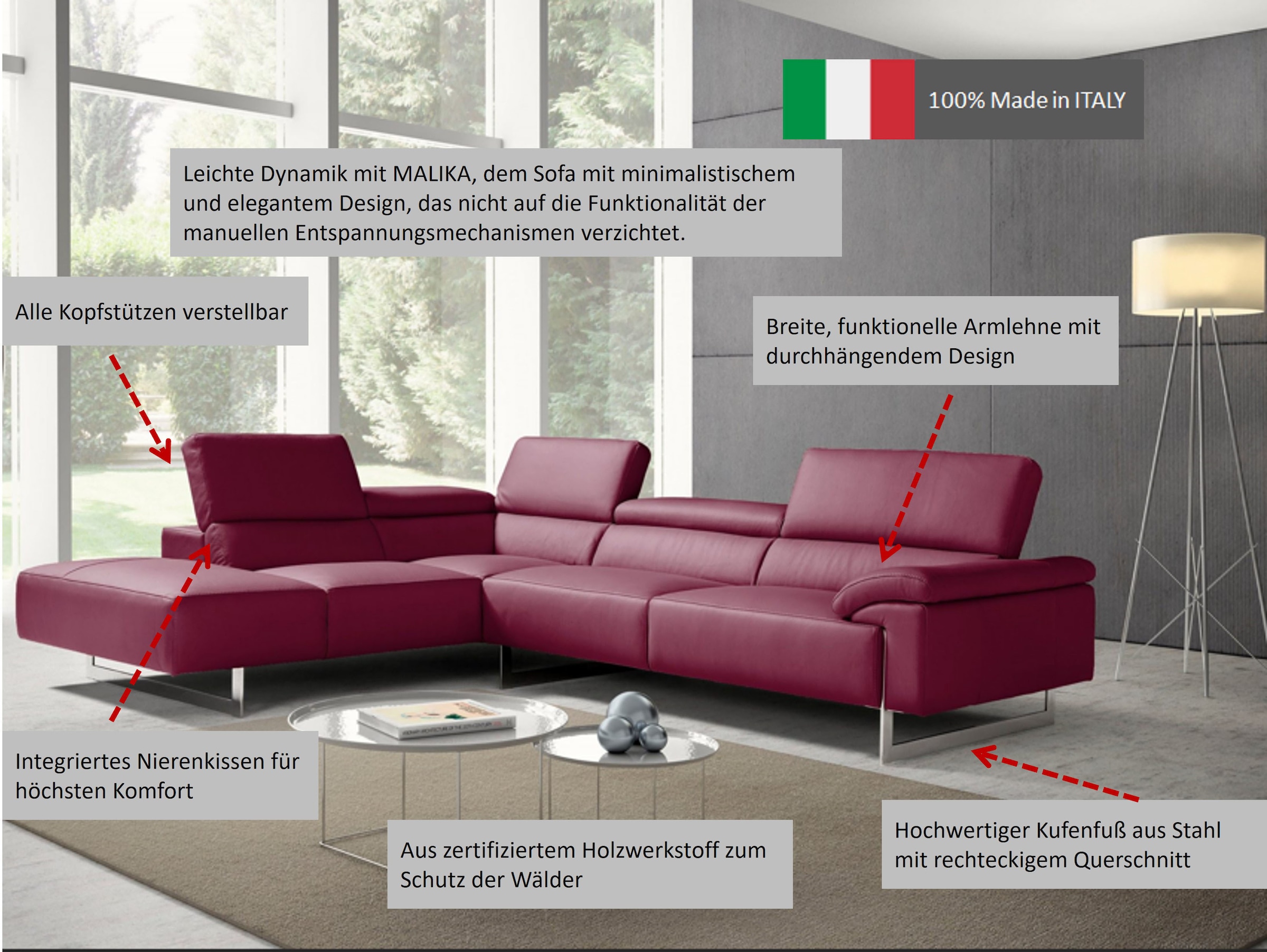Egoitaliano Ecksofa »Malika, elegant und bequem, Designsofa, L-Form«, mit Ottomane, inkl. Kopfteilverstellung und chromfarbenen Metallfüßen