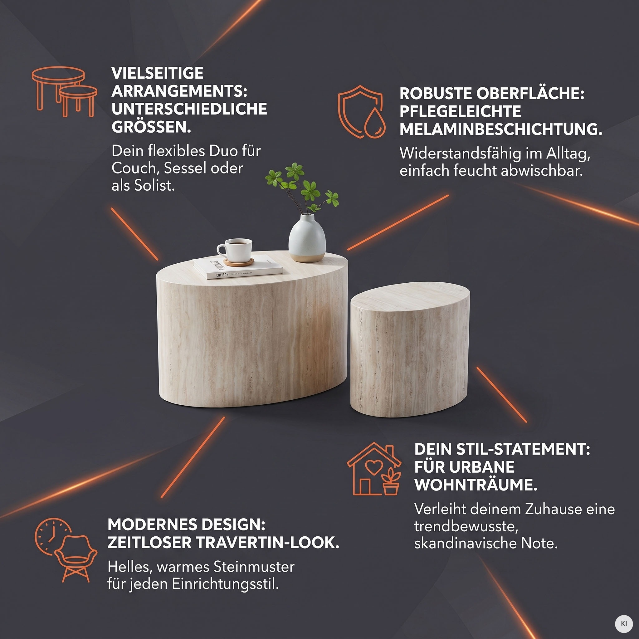 SalesFever Couchtisch »Almeria - Stilvoller Wohnzimmer- und Beistelltisch« Set, 2er Set, 2 Stk. tlg. oval, in Travertinoptik