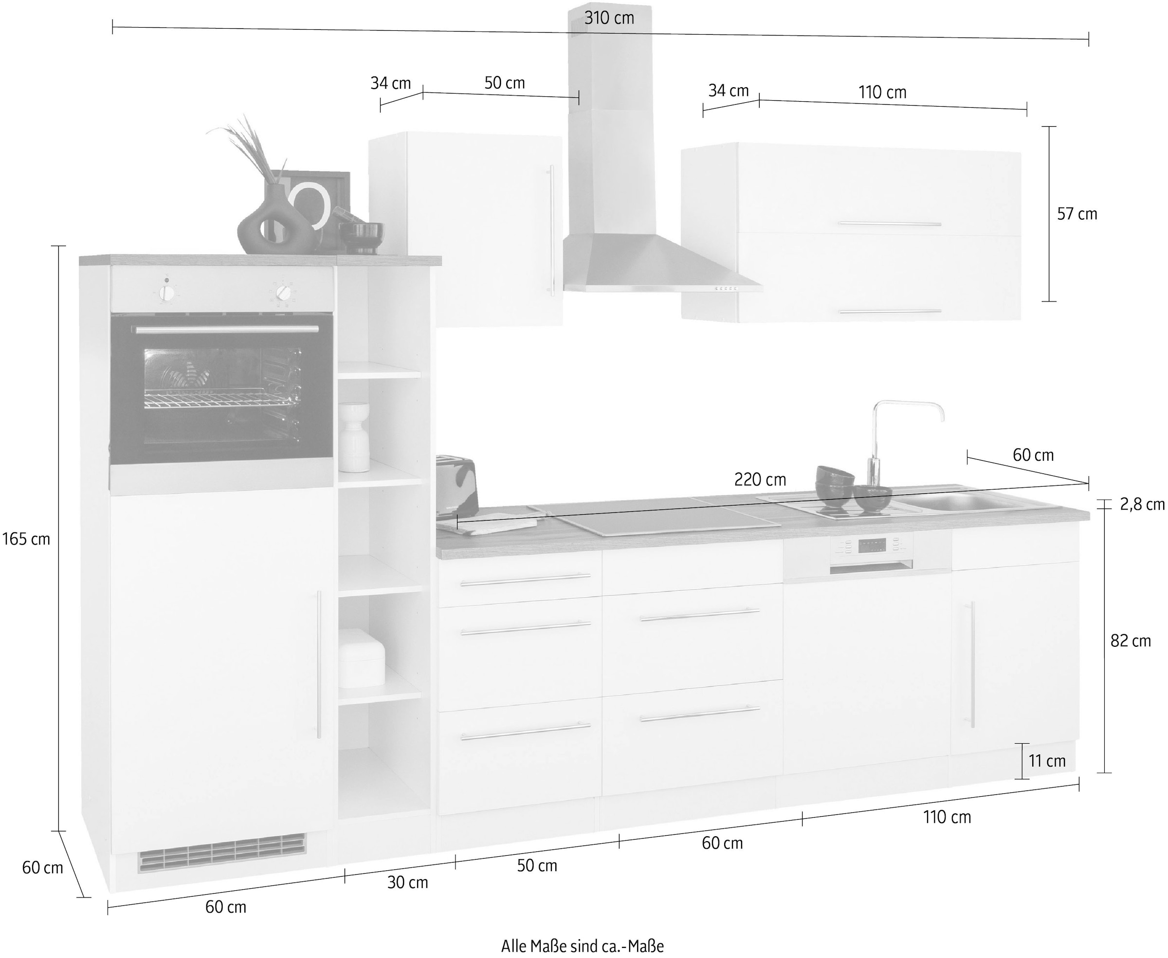 KOCHSTATION Küchenzeile »KS-Samos« Breite 310 cm, wahlweise mit E-Geräten und Induktionkochfeld