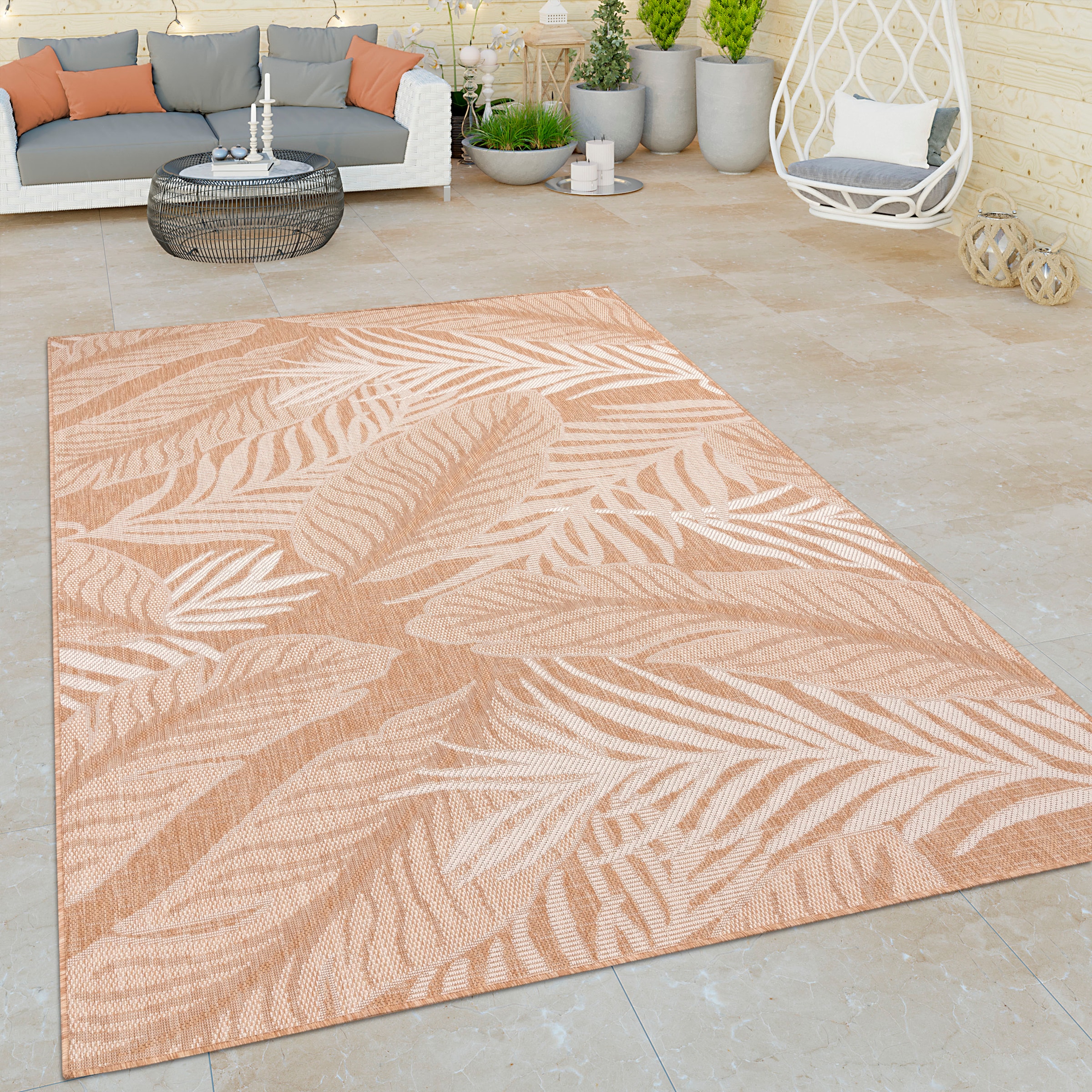 Paco Home Teppich »Illusion 326«, rechteckig, 4 mm Höhe, Flachgewebe, Blätter Motiv, In- und Outdoor geeignet