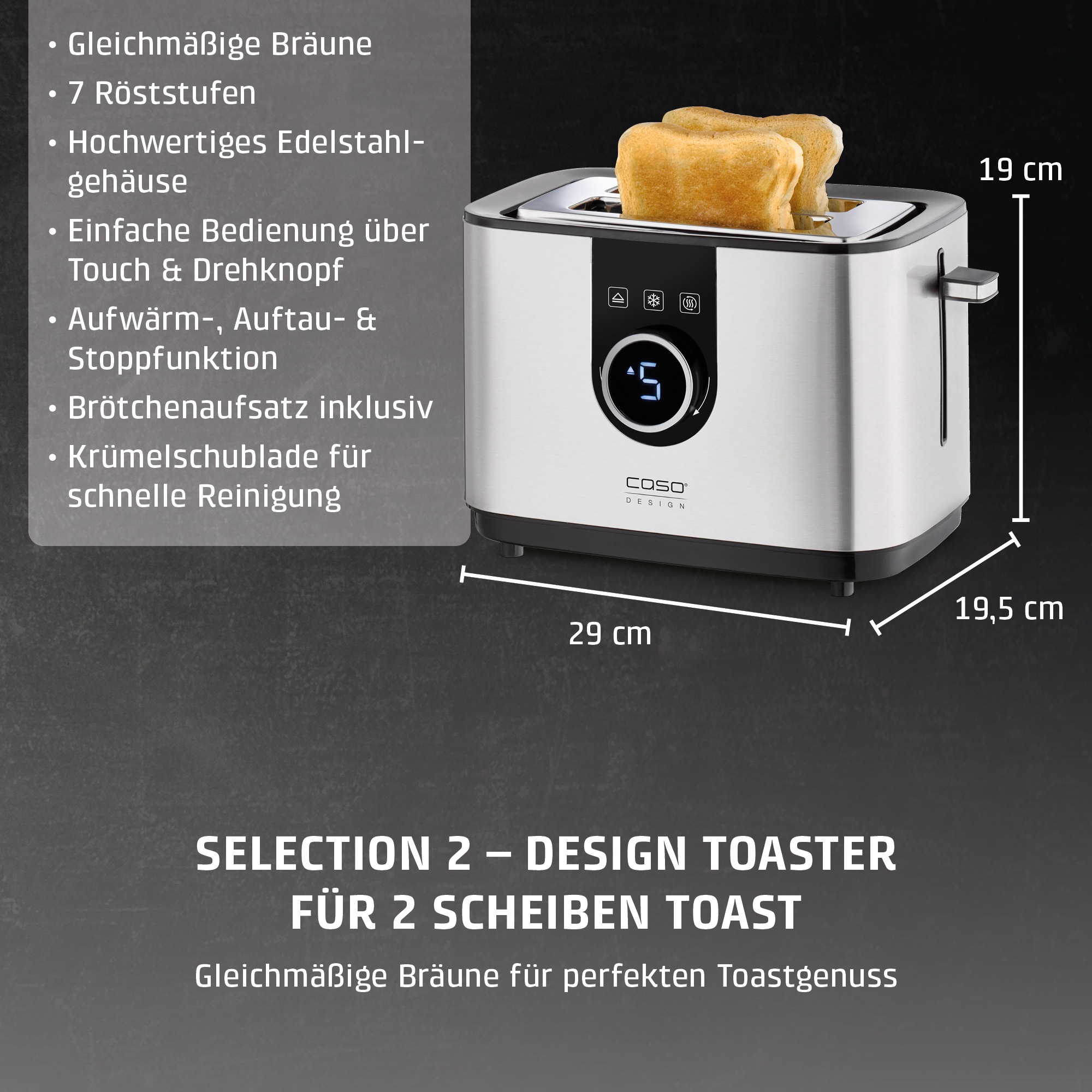 Caso Toaster »2769 Selection T2« 2 kurze Schlitze für 2 Scheiben 920 W Selbstzentrierende Einschübe für eine gleichmäßige Bräunung