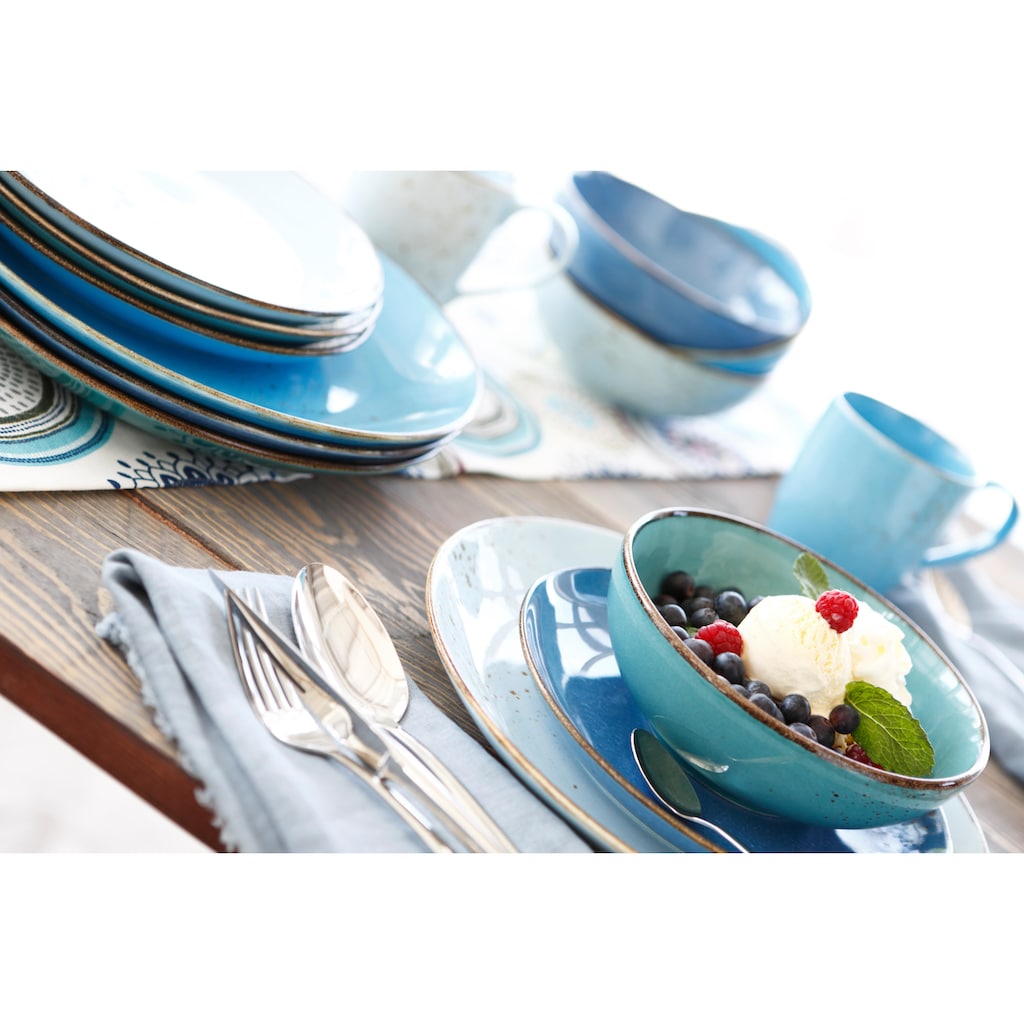 CreaTable Kombiservice »Geschirr-Set NATURE COLLECTION Aqua«, (Set, 16 tlg., Kaffeeservice und Tafelservice im Set, für 4 Personen), Service, Trendaktuelle Blau-Töne, 16 Teile, für 4 Personen