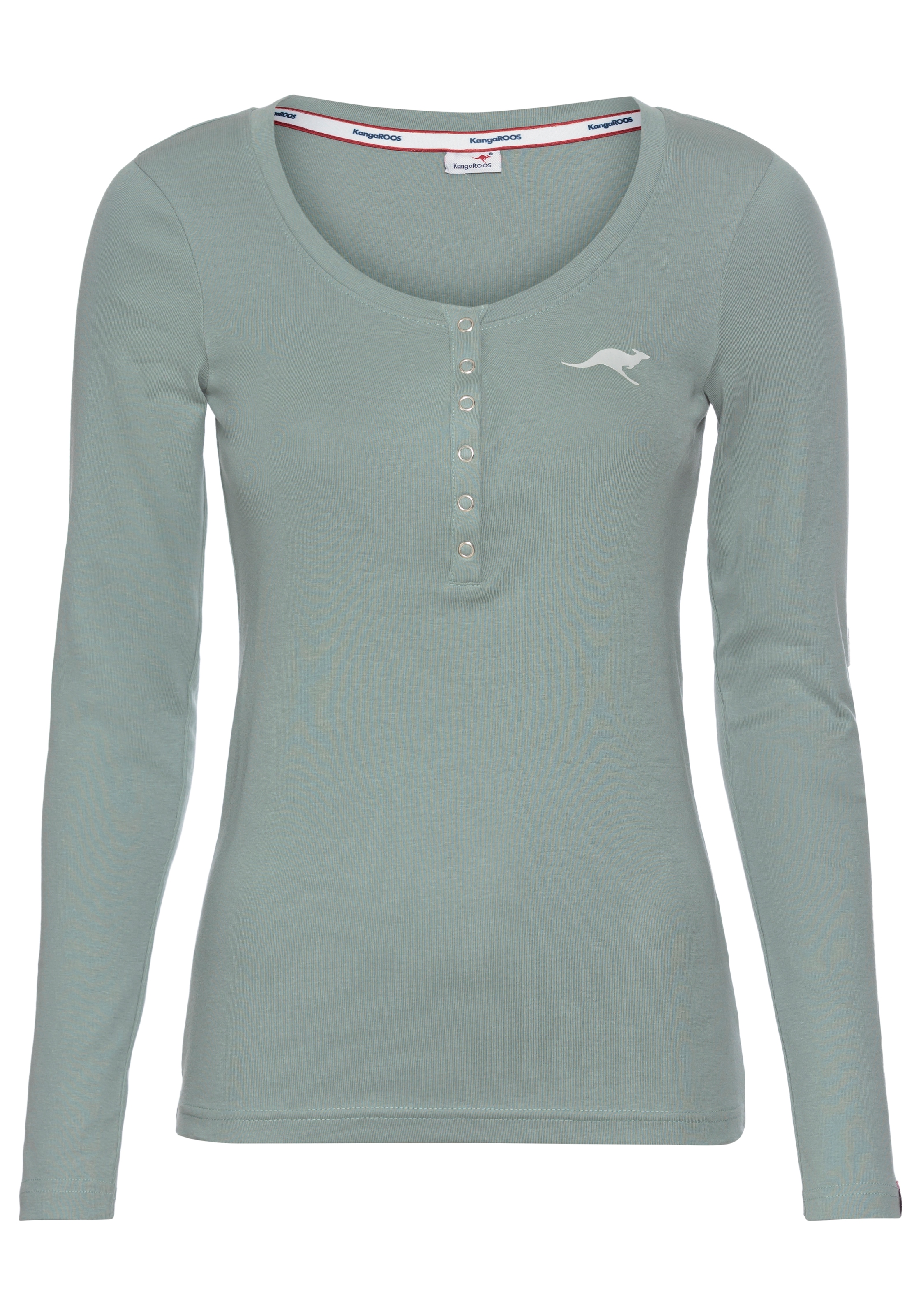 KangaROOS Langarmshirt, krempelbare Ärmel, figurbetonter Schnitt, mit Logodruck