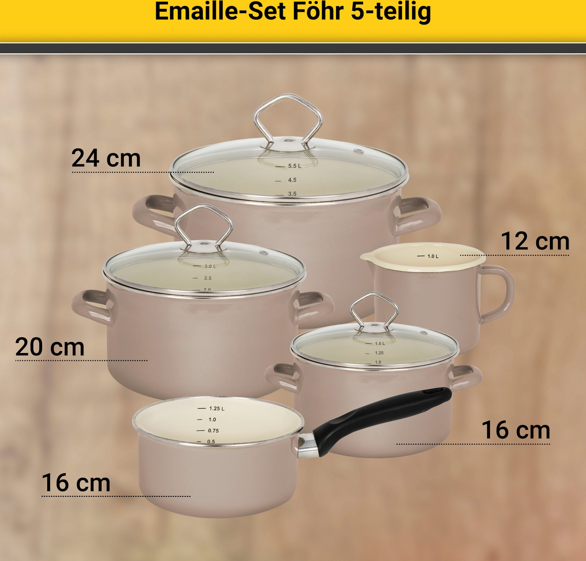 Krüger Topf-Set »Föhr«, Emaille, (Set, 8 tlg., Fleischtopf 16/20/24 cm, Stieltopf 16 cm, Milchtopf 12 cm), Induktion
