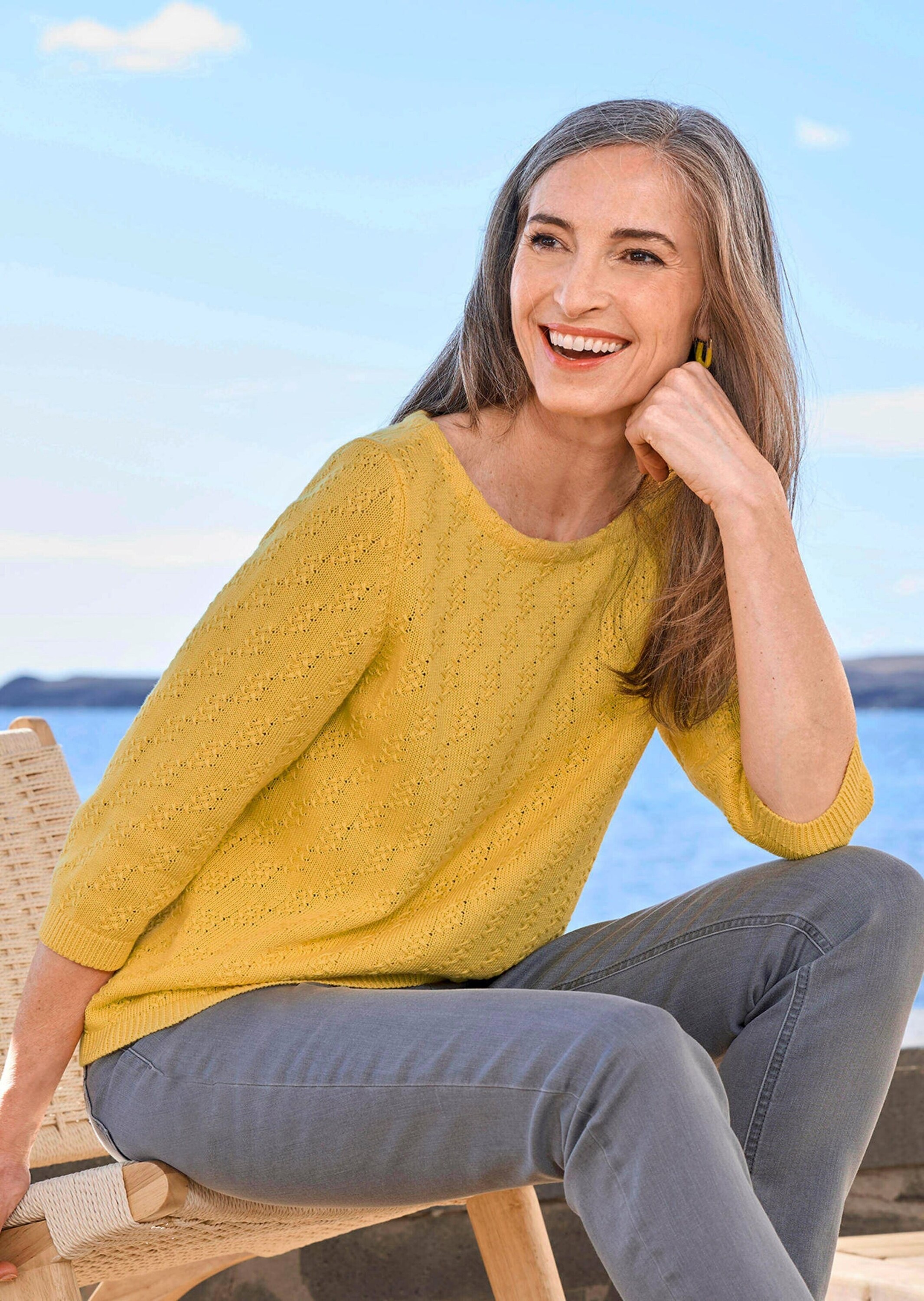 GOLDNER Rundhalspullover »Halbarm Baumwollpullover mit Struktur« 3/4-Ärmel