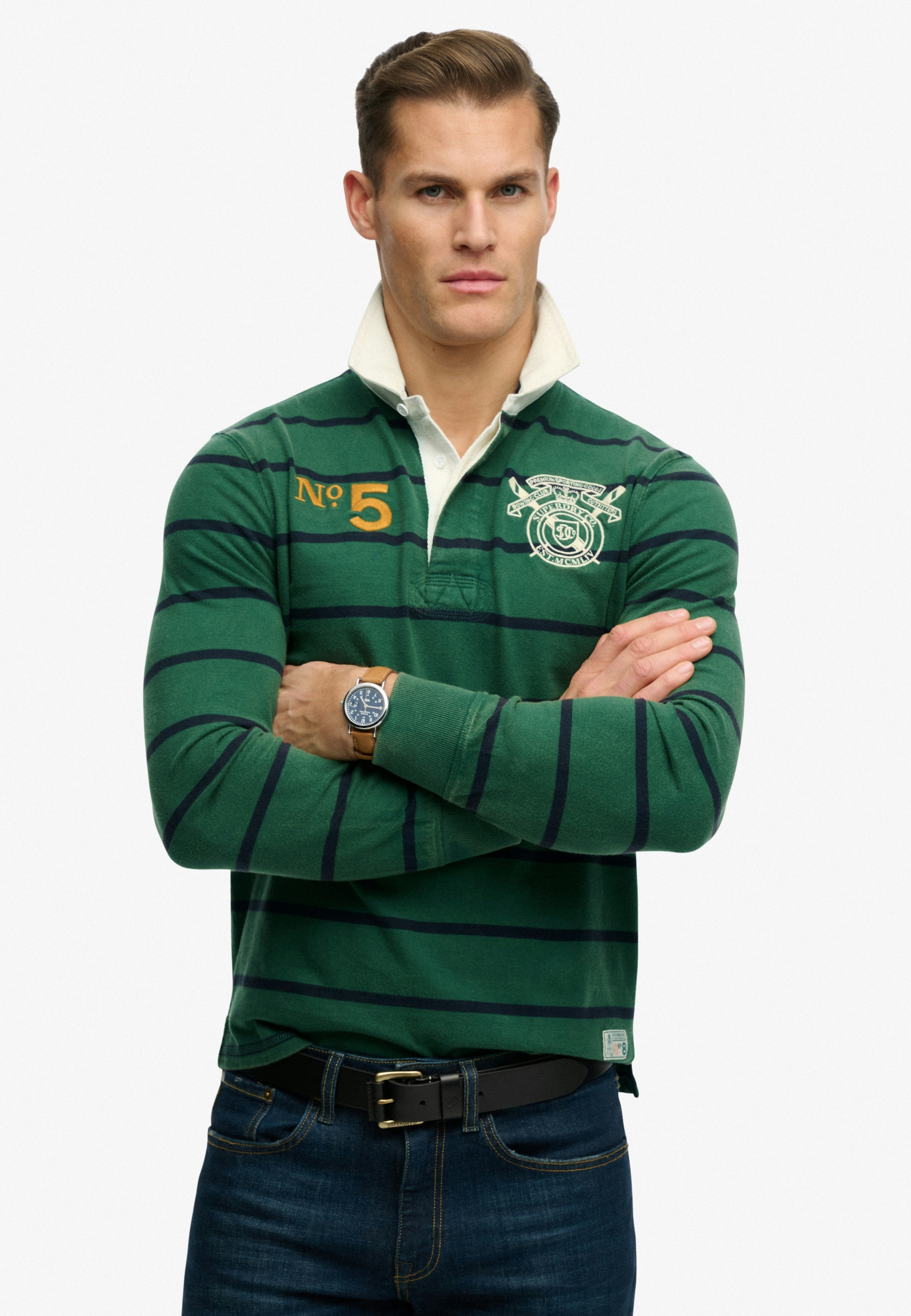 Superdry Langarmshirt »DOUBLE EMBLEM STRIPE RUGBY« aus Baumwolle und Single Jersey, Relaxed Fit, gestreifte Optik