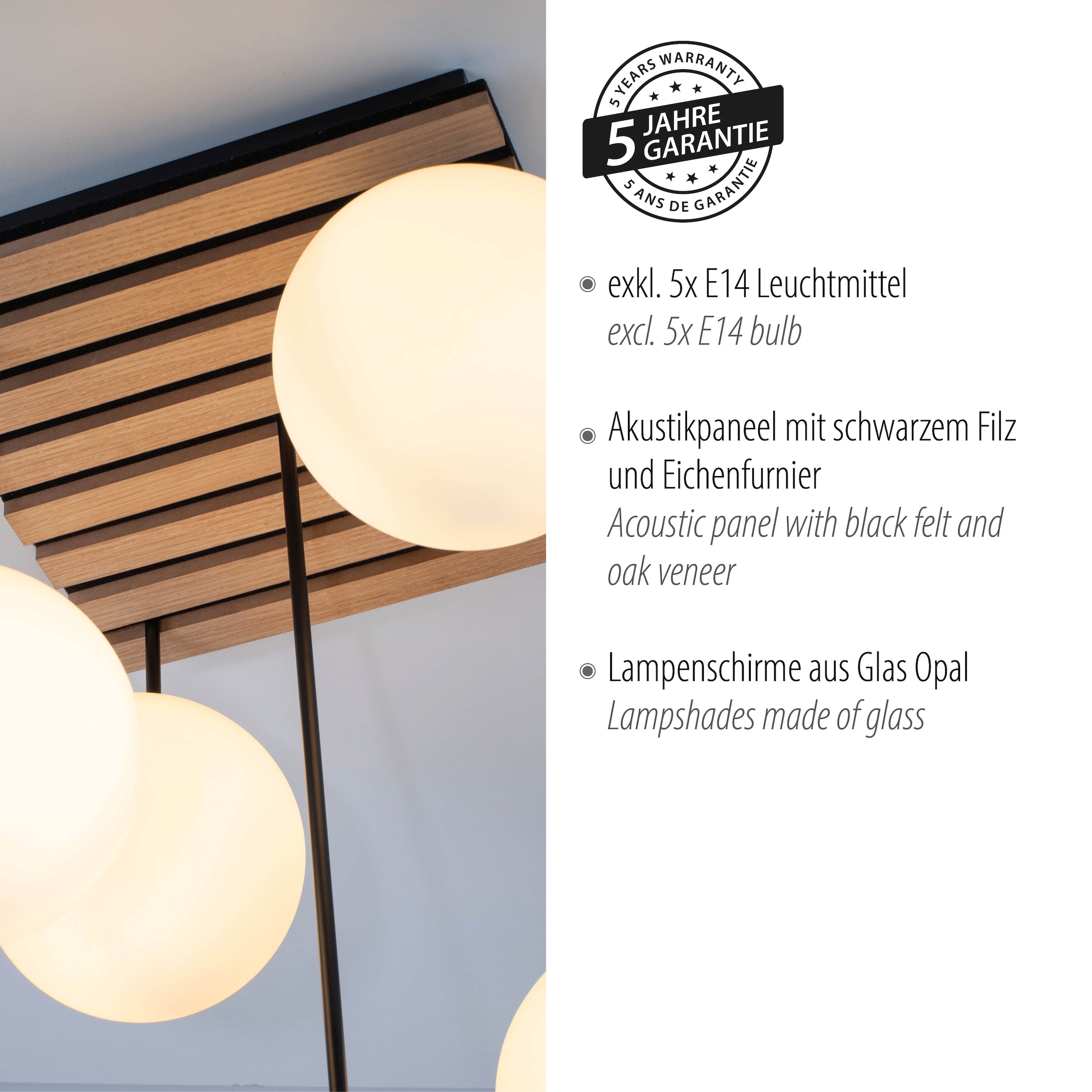 my home Deckenleuchte »Erinette Akustikpaneele mit Glaskugeln«, 5 flammig, Leuchtmittel E14 | ohne Leuchtmittel-Leuchtmittel wechselbar, Holz, Akustik, Paneele, Glas, Deckenlampe E14
