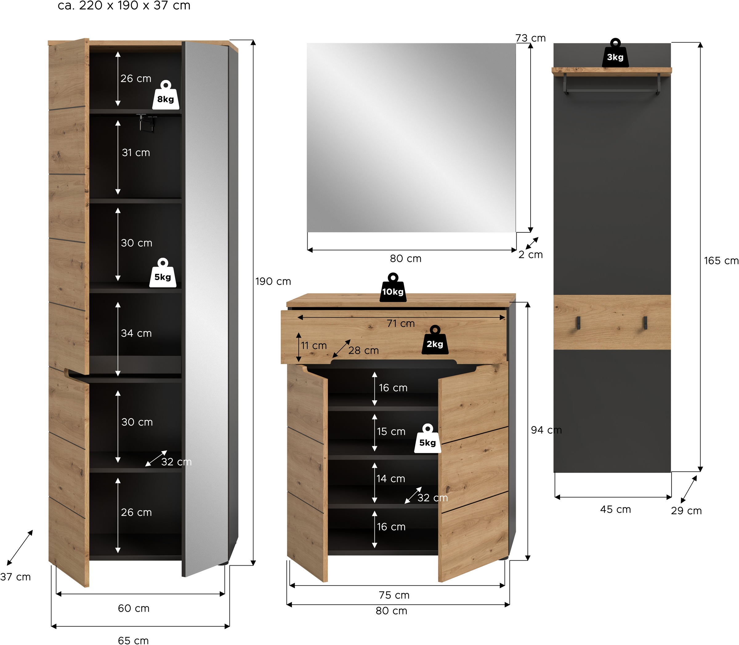 Home affaire Garderoben-Set »REHAT, TOPSELLER!, 4-teilig, Breite 220 cm, individuell erweiterbar« Set, bestehend aus: Garderobenschrank, Kommode, Spiegel & Garderobenpaneel, 4 Stk. tlg.