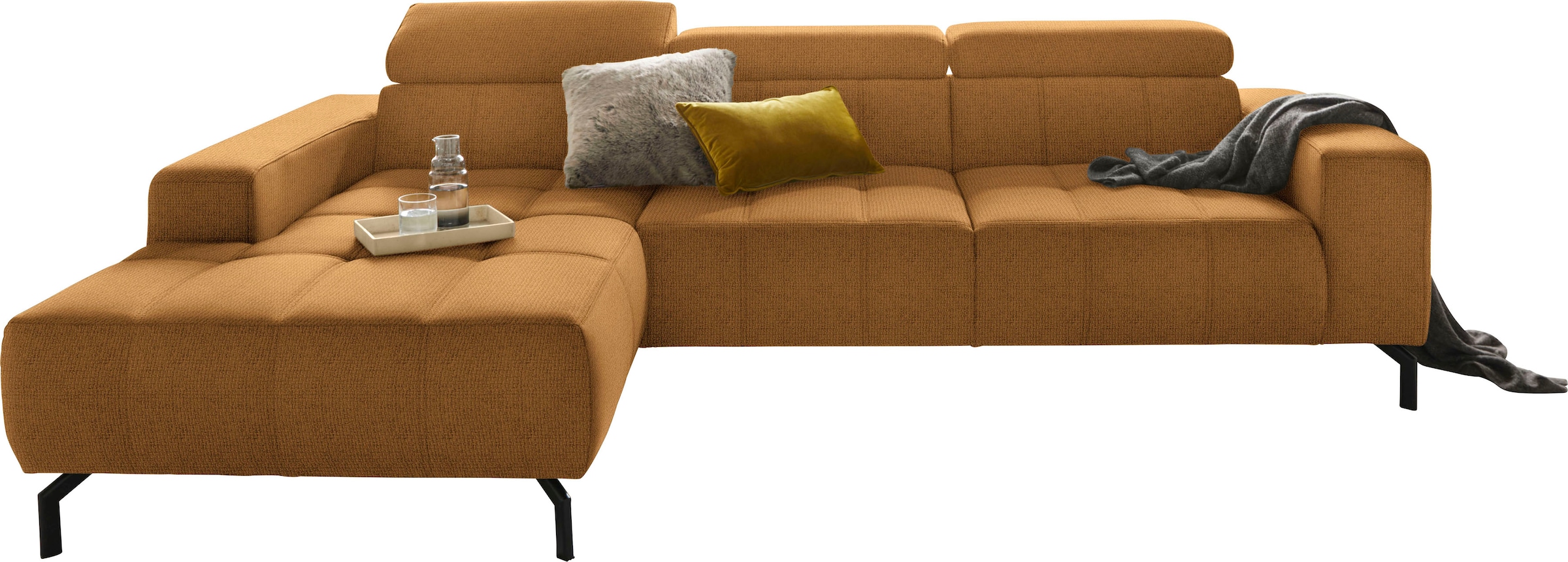 DOMO collection Ecksofa »Cunelli tolle Sitznähte als Designelement, fester Sitzkomfort, L-Form«, wahlweise mit 6-fach verstellbarer Kopfteilverstellung, bodenfrei