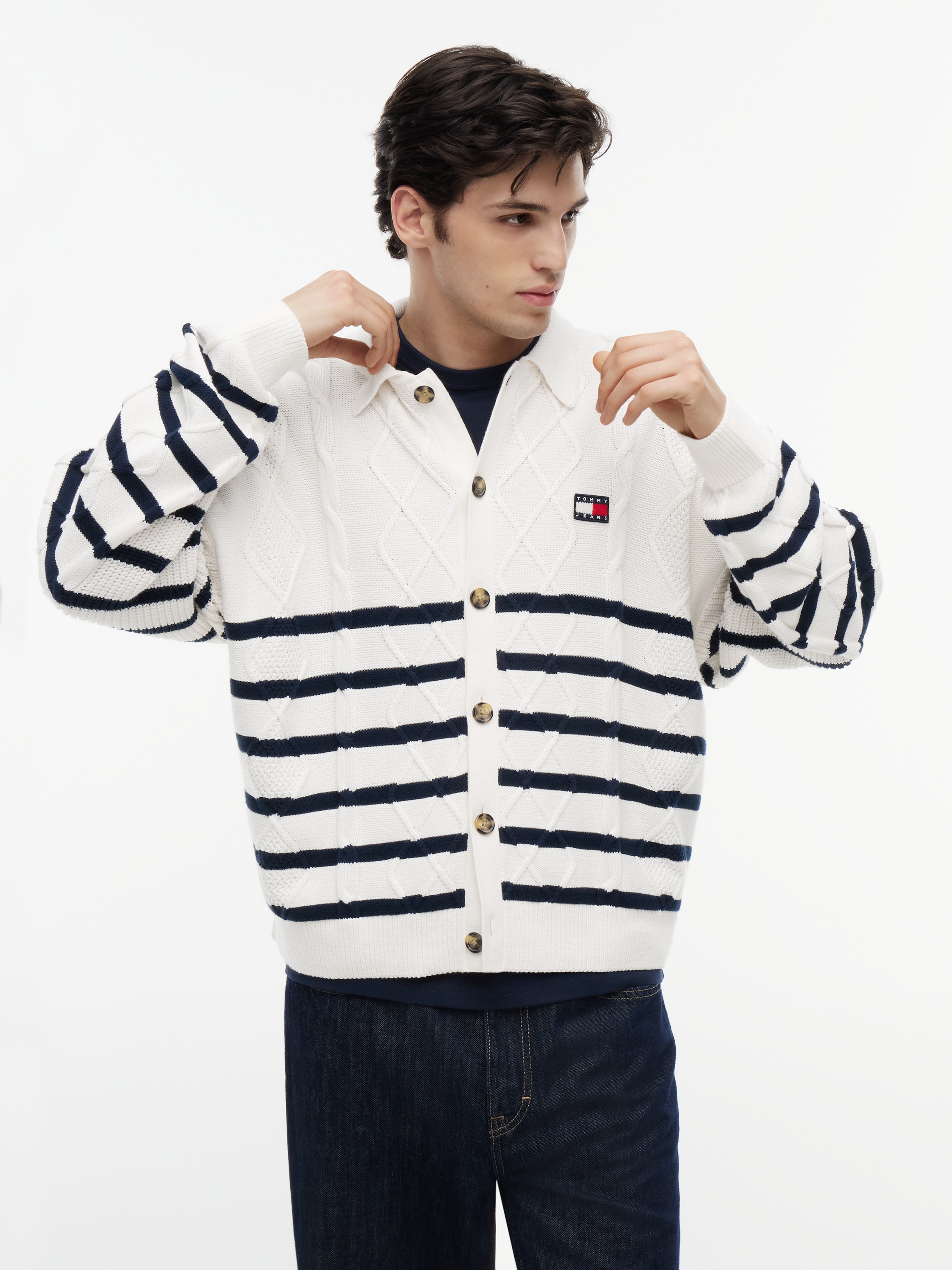 Tommy Jeans Cardigan »RELAXED STRIPE CABLE BUTTONUP« Relaxed fit mit Zopfstrickmuster