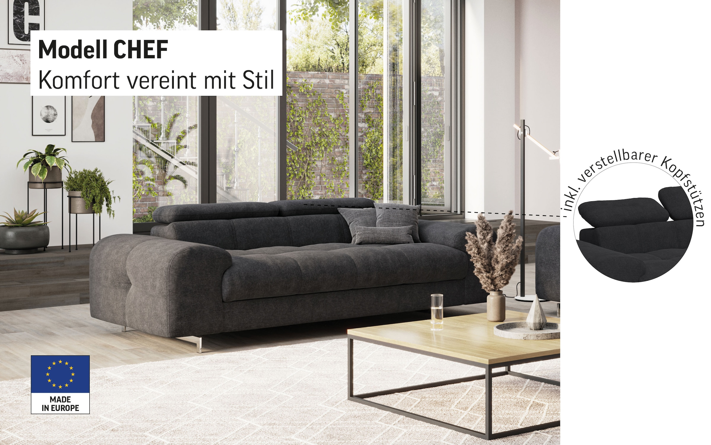 COTTA 3-Sitzer »Chef« Big-Sofa mit Kopfteilverstellung, edle Metallkufen