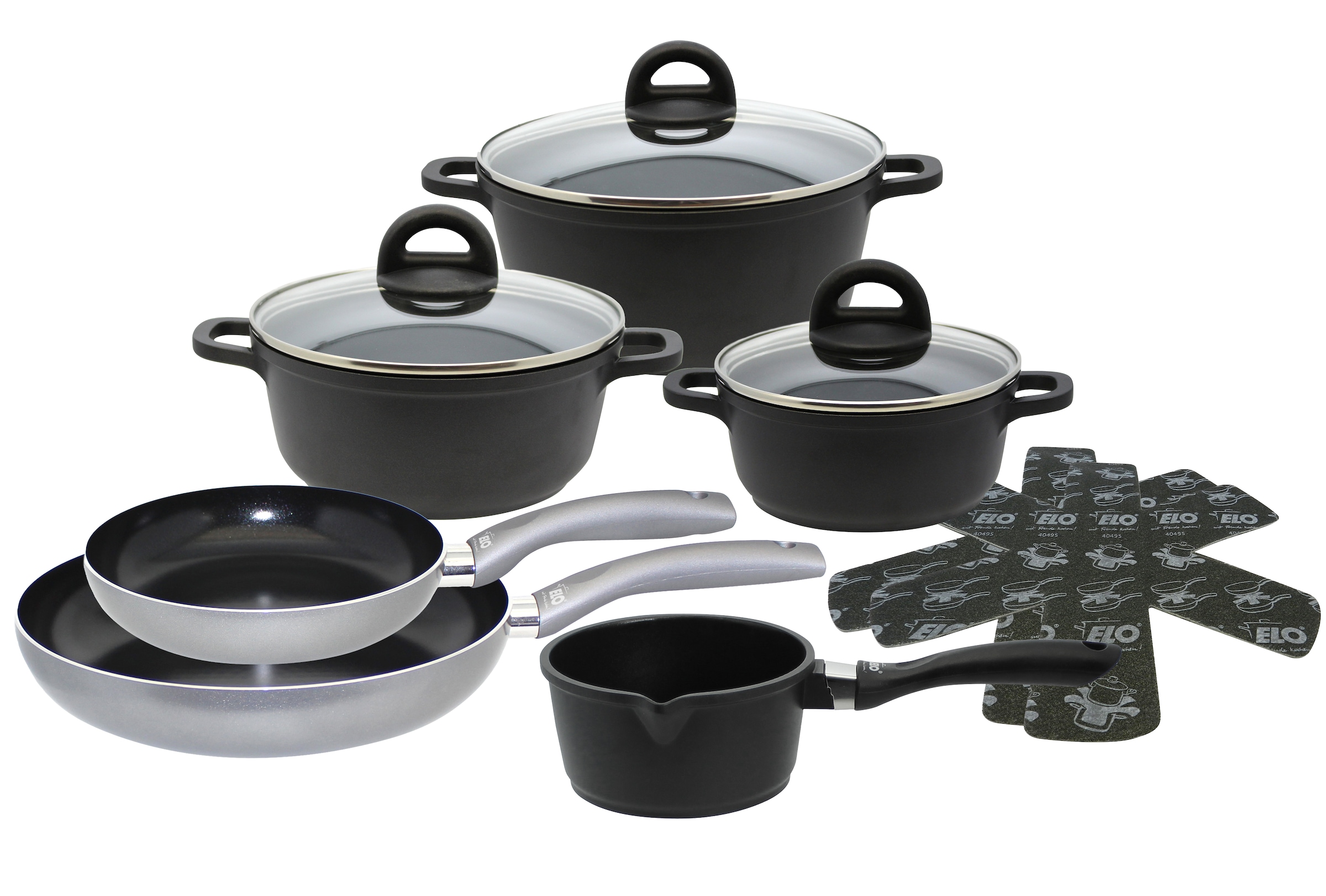 Elo Topf-Set »Black, Ducato« Set, 3 Töpfe mit Deckel, 1 Stielkasserolle, 2 Bratpfannen, 2 Stapelschutz, 11 Stk. tlg. Aluminiumguss