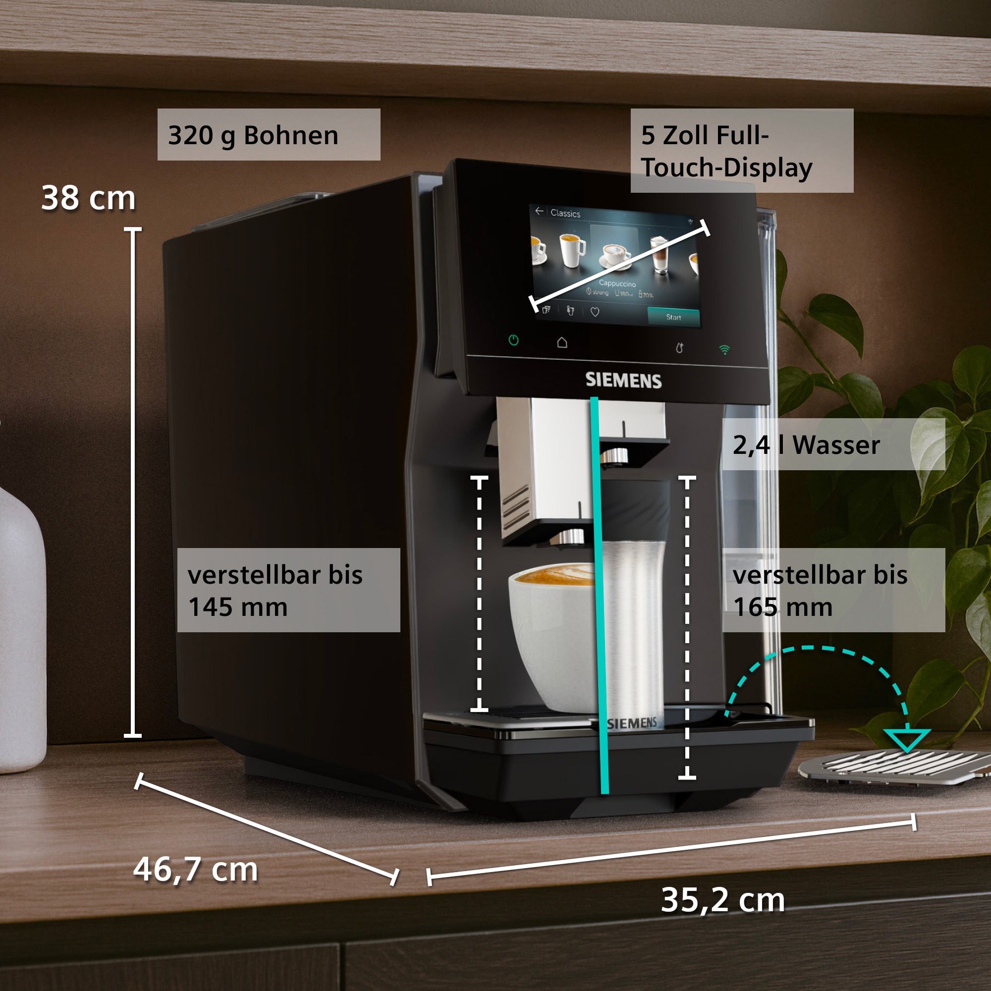 SIEMENS Kaffeevollautomat »EQ700 TP725E01, 41 verschiedene Getränke, XL-Getränke, 20 Favoriten« farbiges Full-Touch-Display, Doppeltassenfunktion, sehr leise, grau