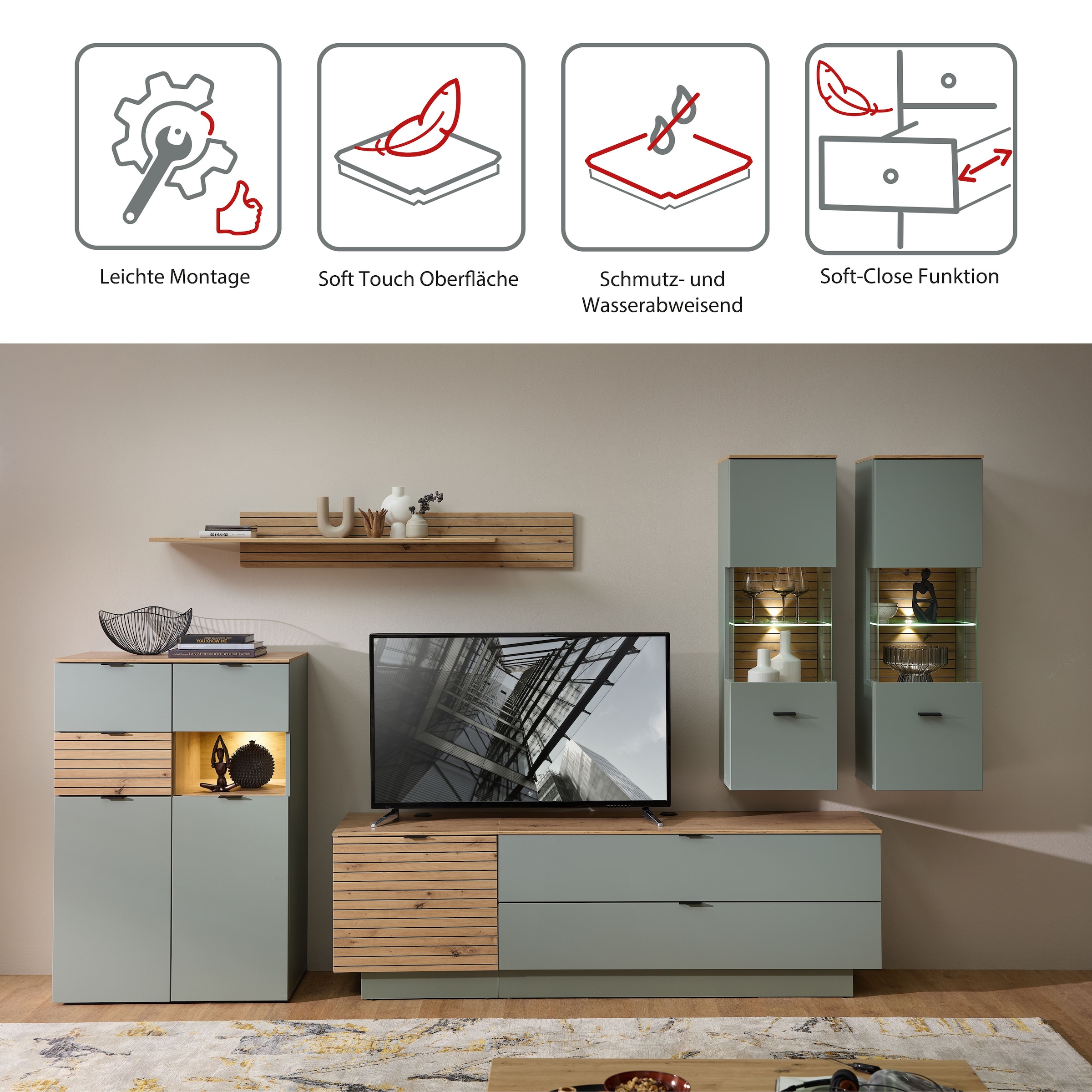 Innostyle Wohnwand »Ina Wohnwand, 340x200x44 cm (B/H/T)« 6 Stk. tlg.