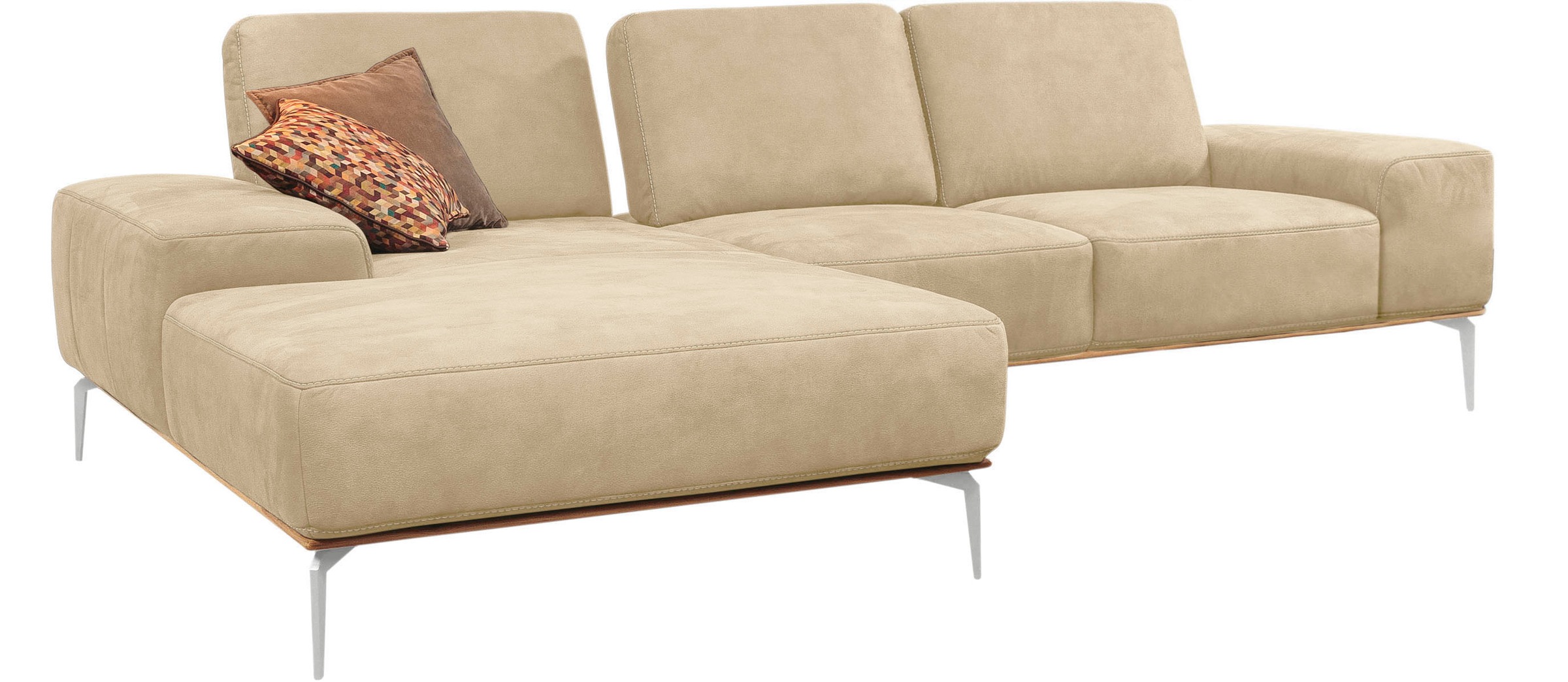 W.SCHILLIG Ecksofa »run, Designsofa mit tollem Sitzkomfort,  L-Form« mit elegantem Holzsockel, Füße in Chrom glänzend, Breite 279 cm