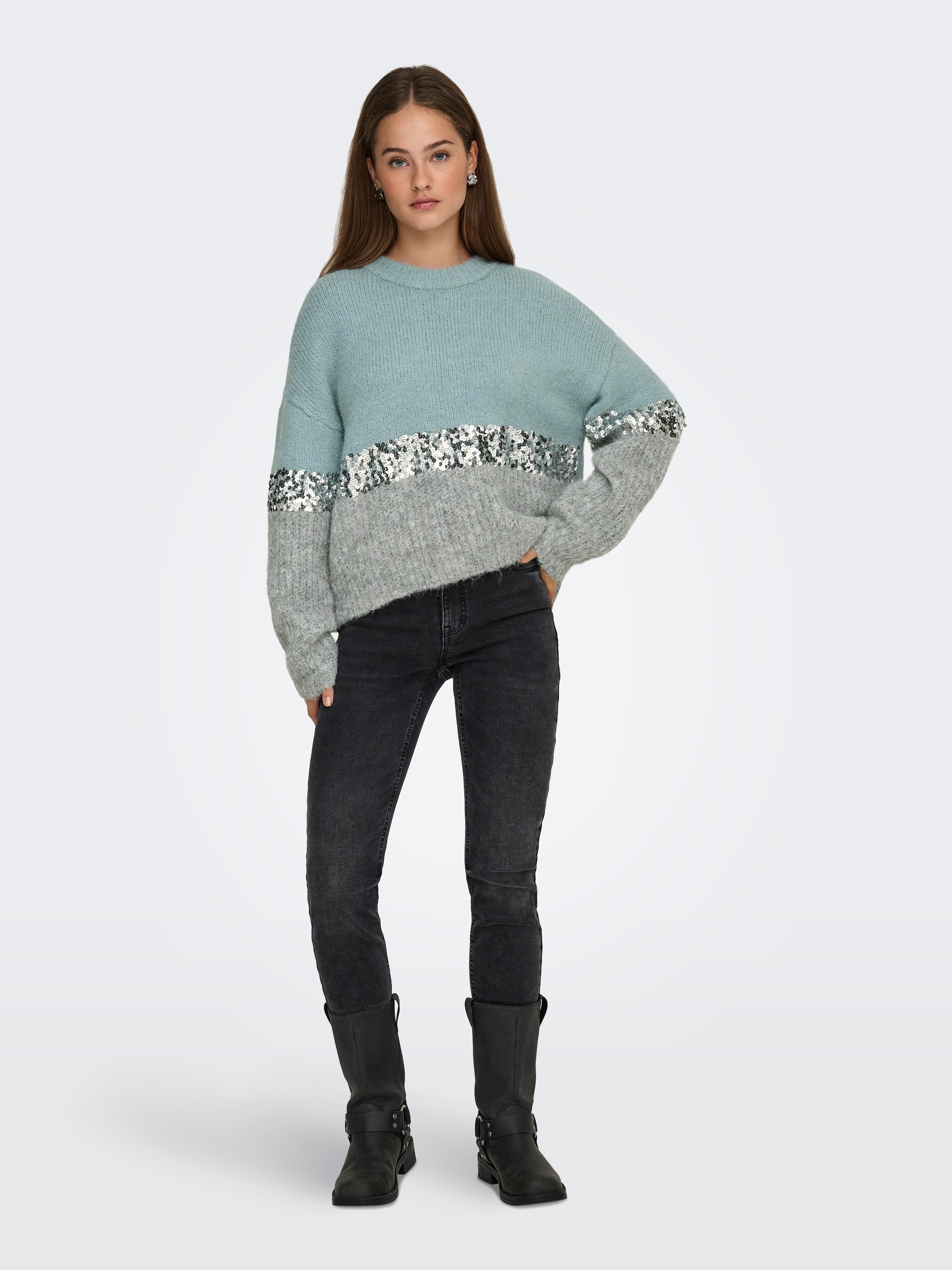 ONLY Rundhalspullover »ONLMAINE LIFE LS SEQUIN BLOCK O-NECK KNT«