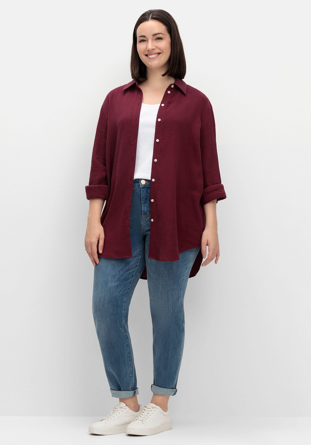 Sheego Hemdbluse »Musselin-Bluse aus Baumwolle, mit Krempelärmeln«