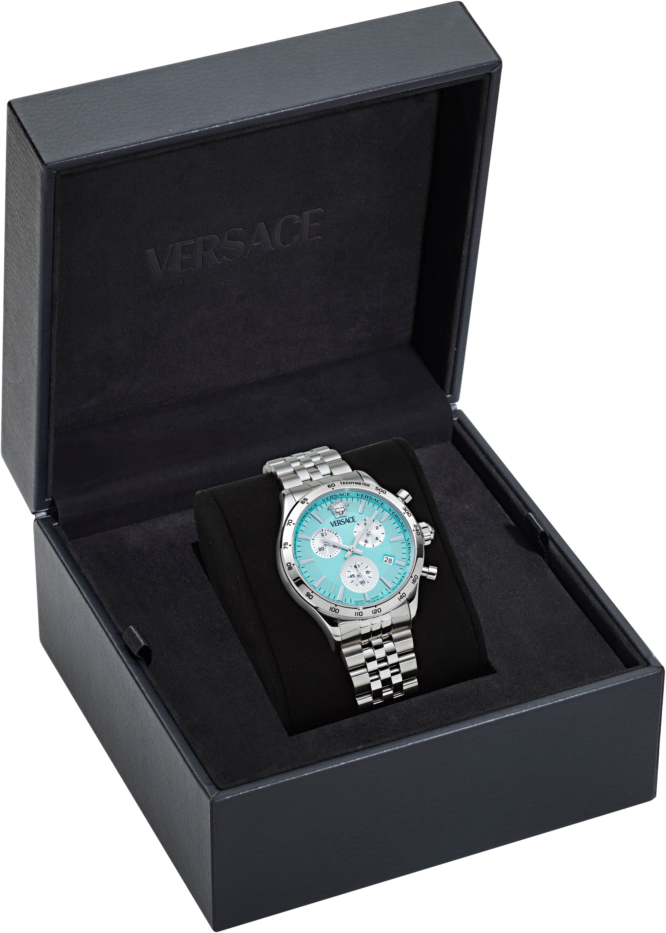 Versace Chronograph »HELLENYIUM CHRONO PETITE«, Quarzuhr, Armbanduhr, Herrenuhr,Swiss Made,Edelstahlband,Stoppfunktion
