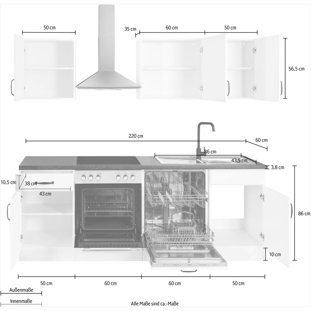 wiho Küchen Küchenzeile »Erla«, mit E-Geräten, Breite 220 cm