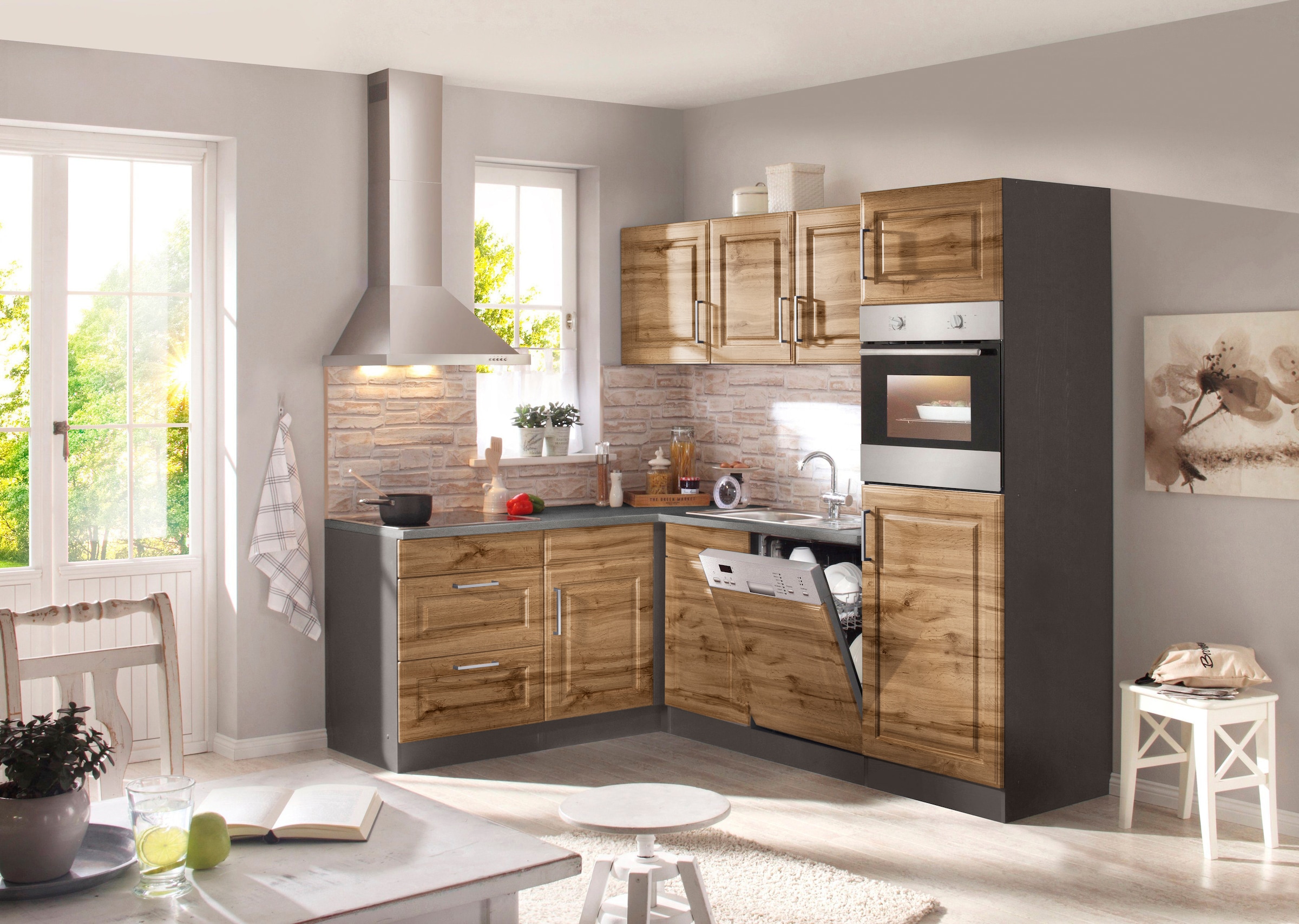 KOCHSTATION Winkelküche »KS-Stockholm«, Stellbreite 230/170 cm, mit hochwertigen MDF Fronten im Landhaus-Stil