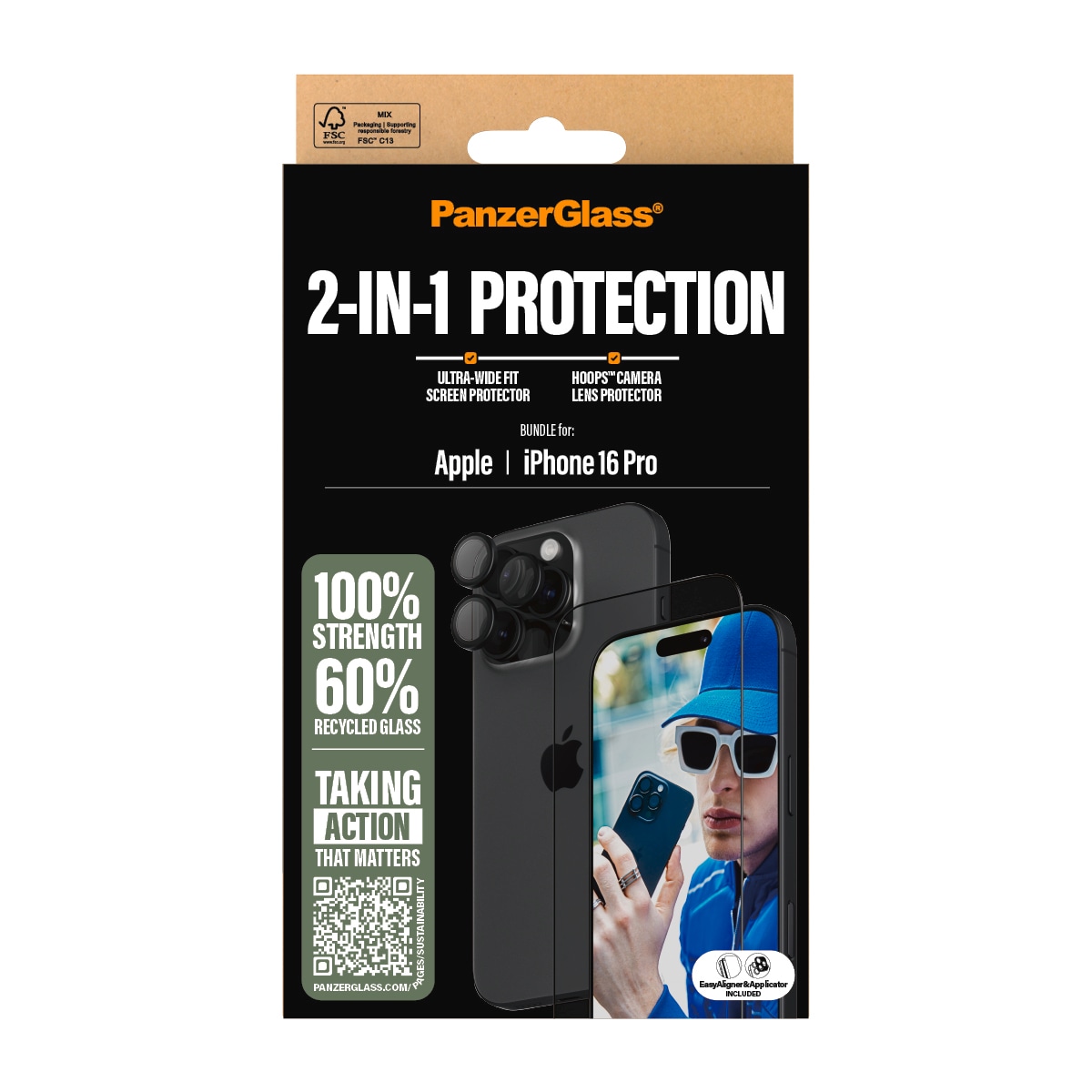 PanzerGlass Displayschutzglas »2-in-1 Protection, Glass, Lens Protector«, für Apple iPhone 16 Pro, Displayschutzfolie, Schutzfolie, Bildschirmschutz, kratz- & stoßfest