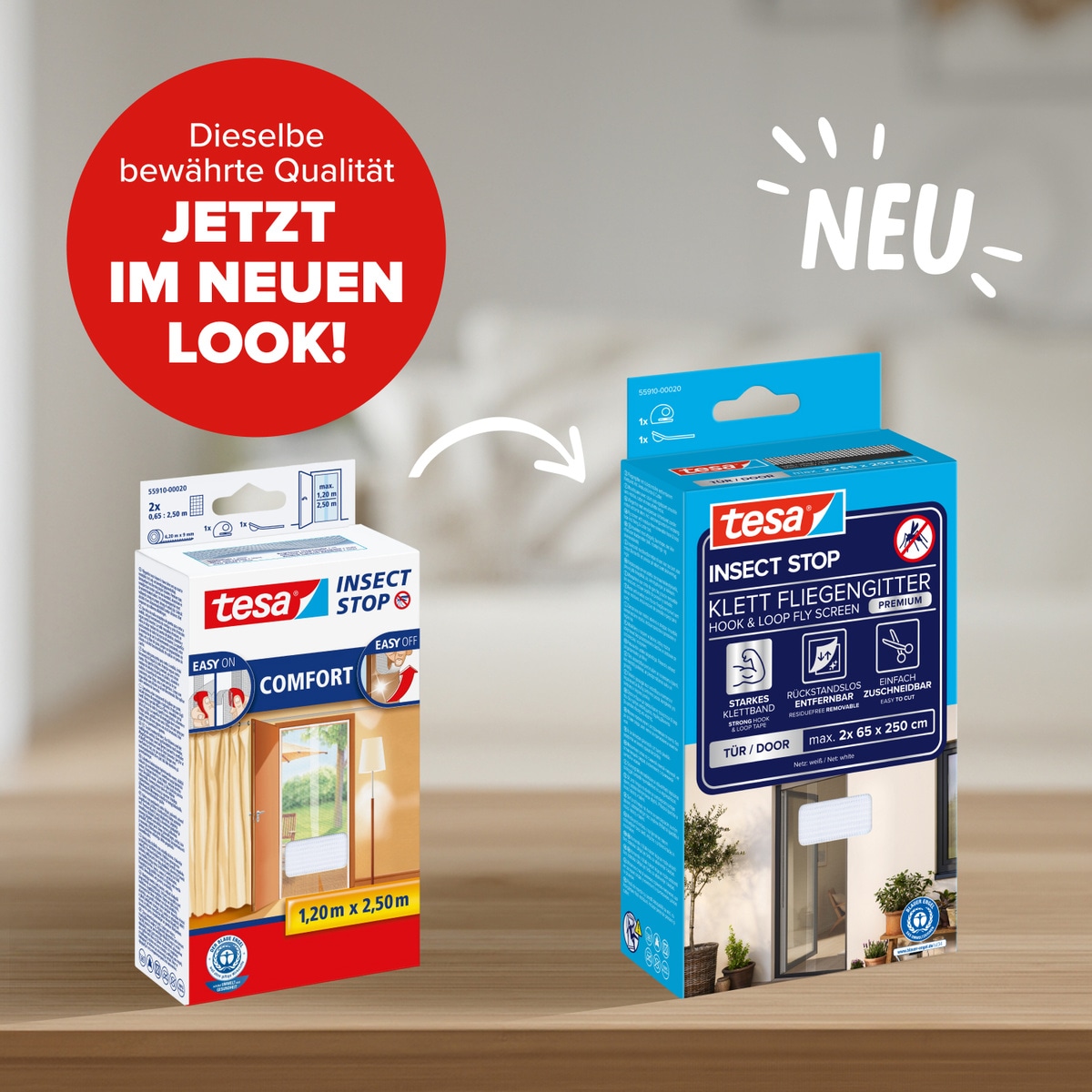 tesa Insektenschutz-Tür »Klett Fliegengitter Premium für Türen - ohne Bohren« Packung, Fliegennetz, Klettband, 1 Stk. tlg. selbstklebende Insektenschutz - (2 x 65cm )120cm x 250cm