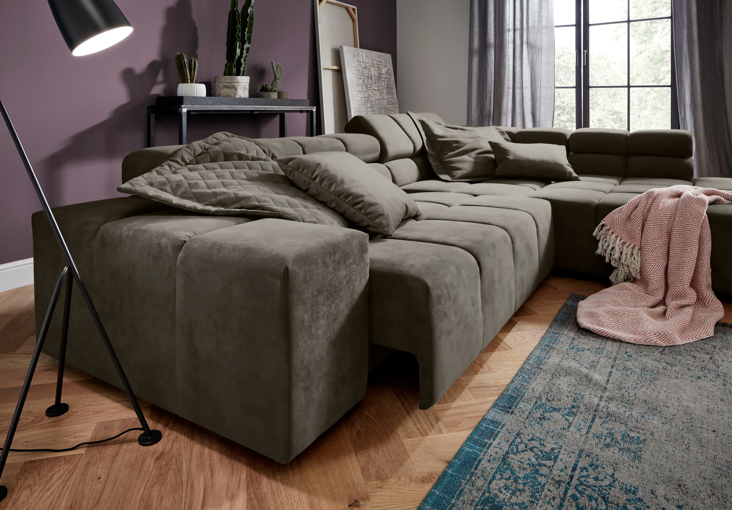 INOSIGN Ecksofa »Ancona incl. Kopfteilverstellung, Zierkissen Breite 319cm, L-Form«, wahlweise motorische Sitztiefenverstellung, auch in Cord + Easy Care