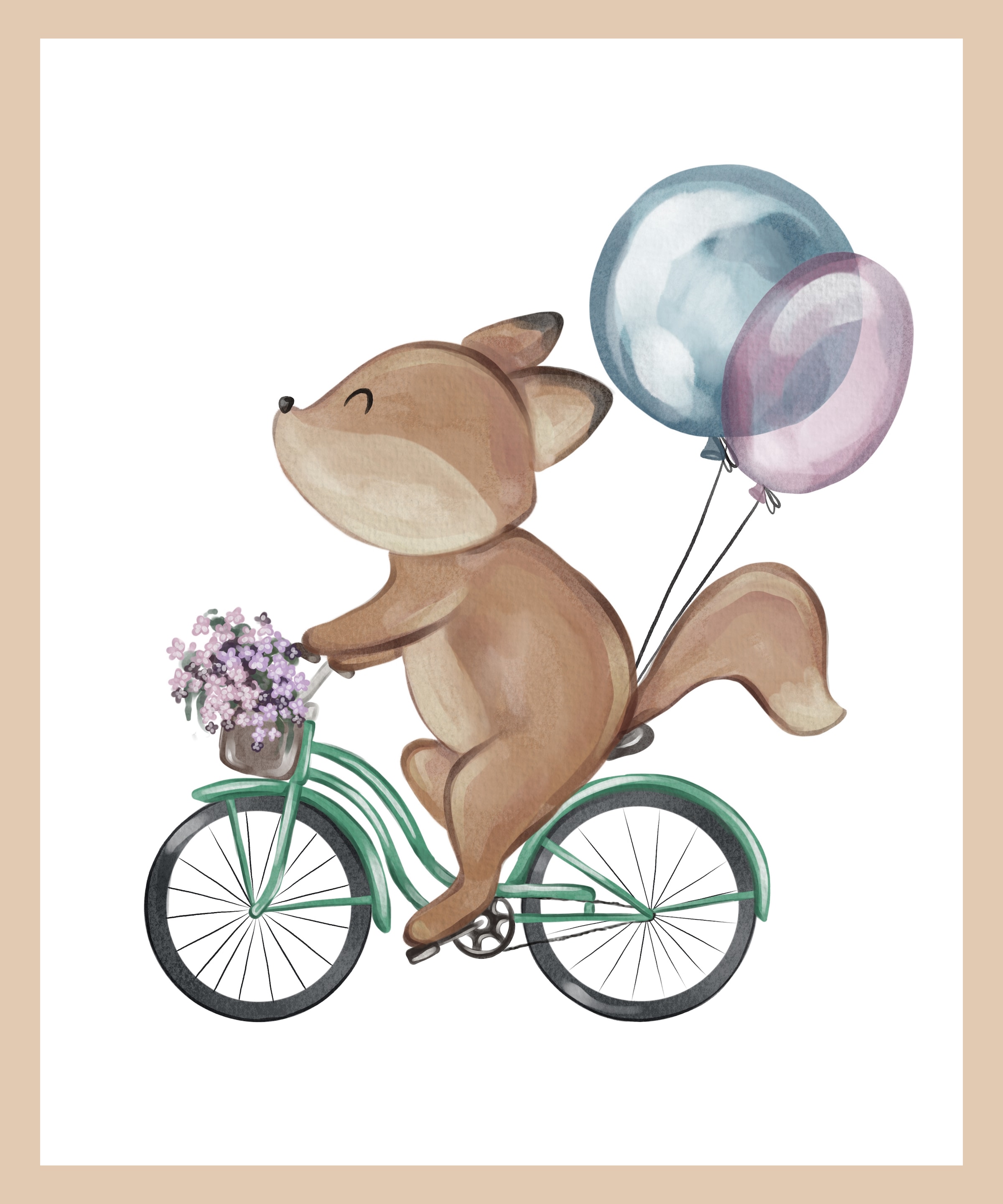 Lüttenhütt Poster »Blumenkorb und Luftballons«, Eichhörnchen-Fahrräder-Fahrzeuge-Fantasy-Luftballon-Tiere, (1 St.), HD Premium Druck