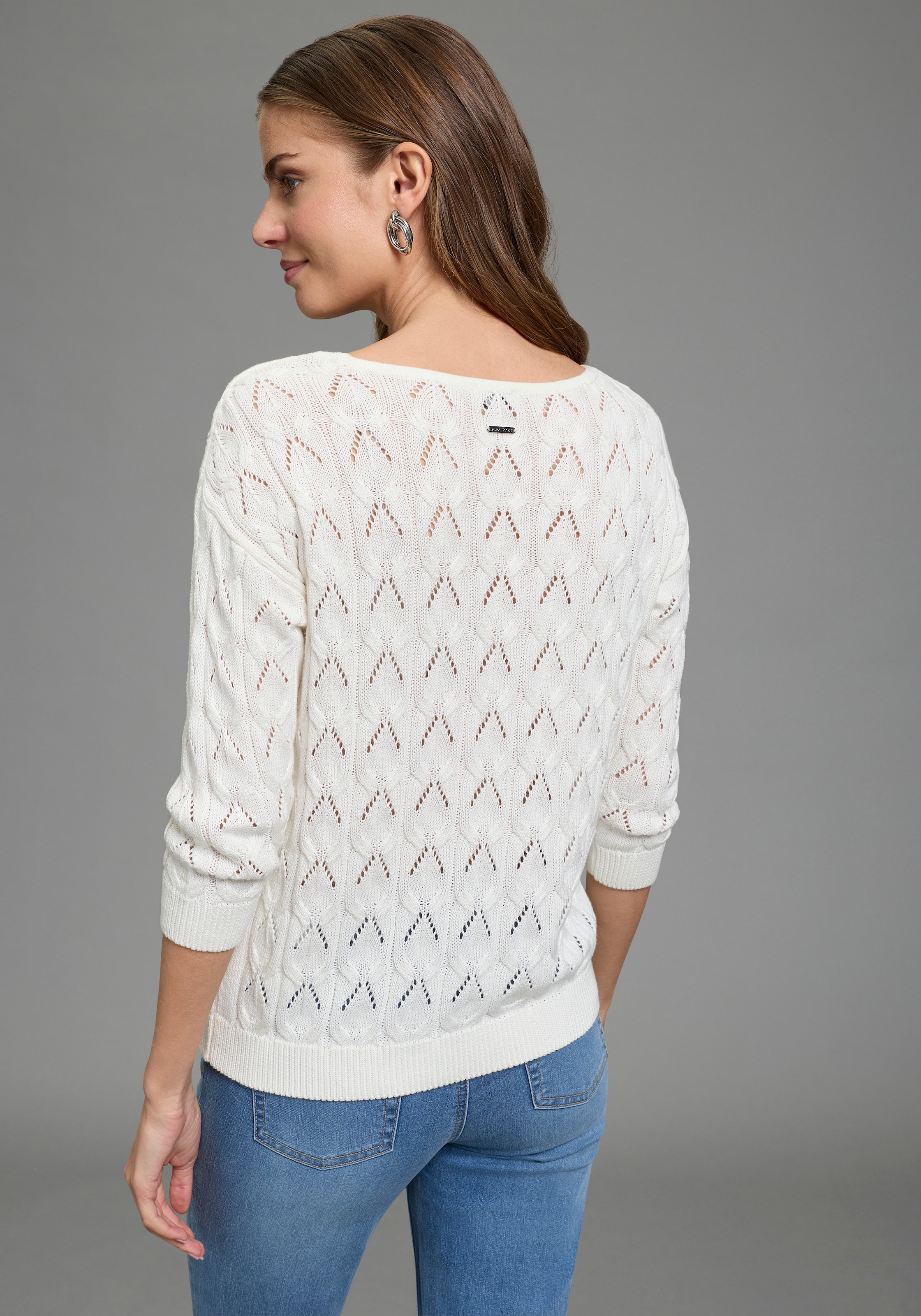 Laura Scott Ajourpullover mit femininen Lochmuster, 3/4 Ärmeln und U-Boot Ausschnitt