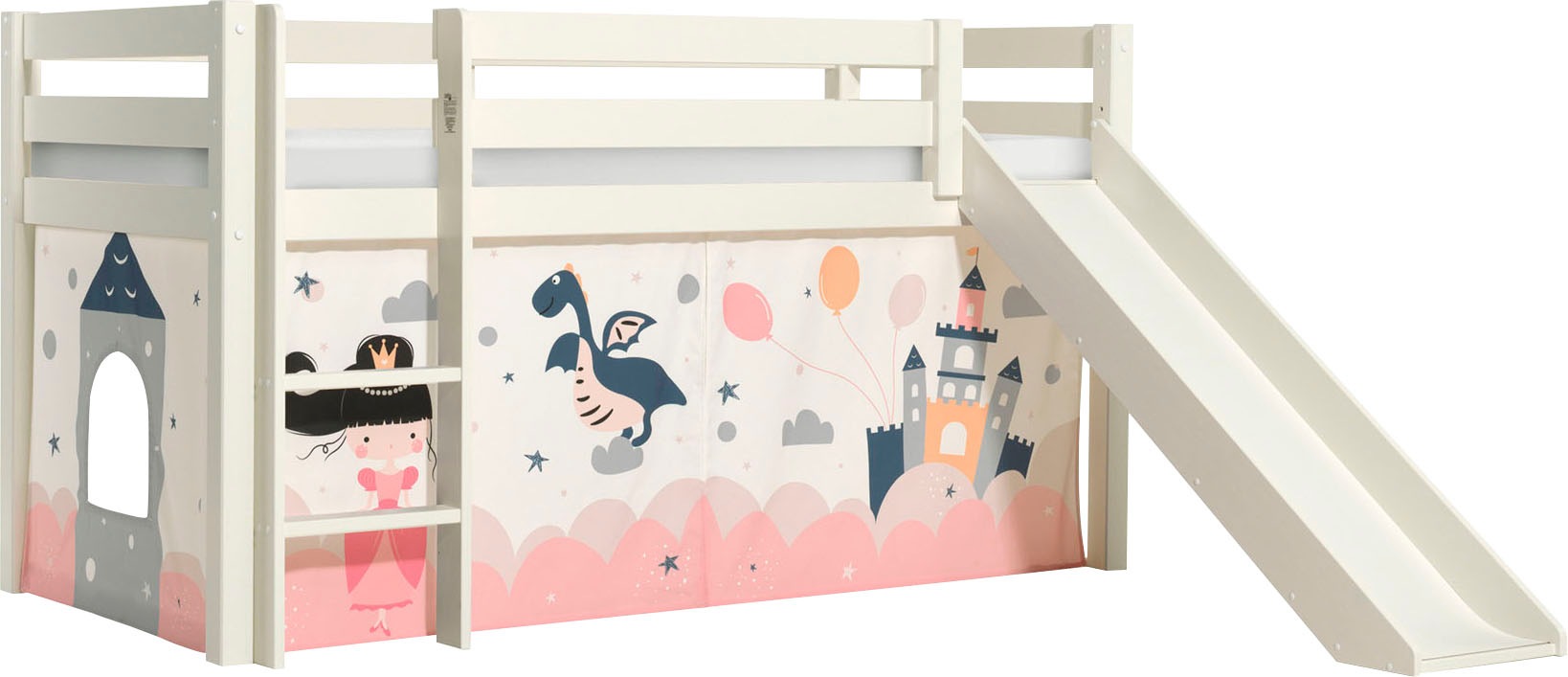 Vipack Spielbett »Pino, Kiefer massiv, mit Rolllattenrost u. Textil-Set, Made in Europe«, (B/H/T ca. 210x114x218cm, mit Absturzschutz, Leiter und Rutsche), verschiedene Textil-Designs und Holzfarben zur Wahl