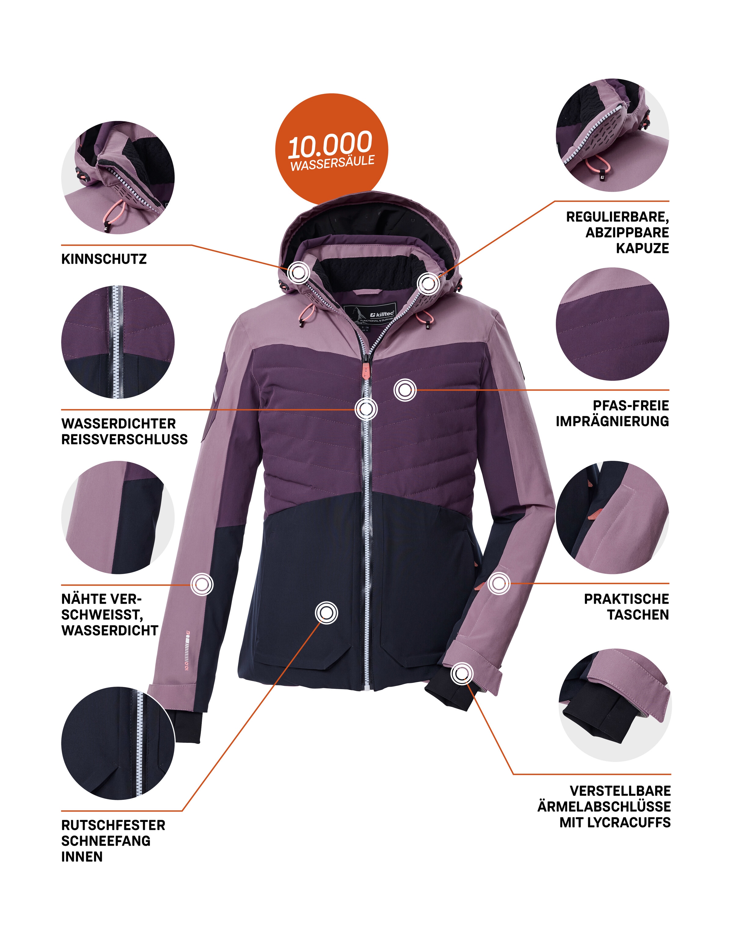Killtec Skijacke »KSW 30 WMN SKI JCKT«, Damen Skijacke: wasserdicht, atmungsaktiv, Colourblock-Design