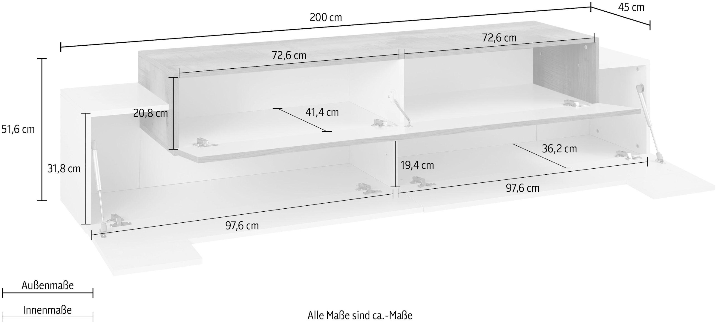 INOSIGN Lowboard »Coro,Lowboard,TV-Kommode,TV-Möbel,TV-Bank«, mit 3 Klappen davon 2 mit Push-to-Open Funktion Breite 200 cm