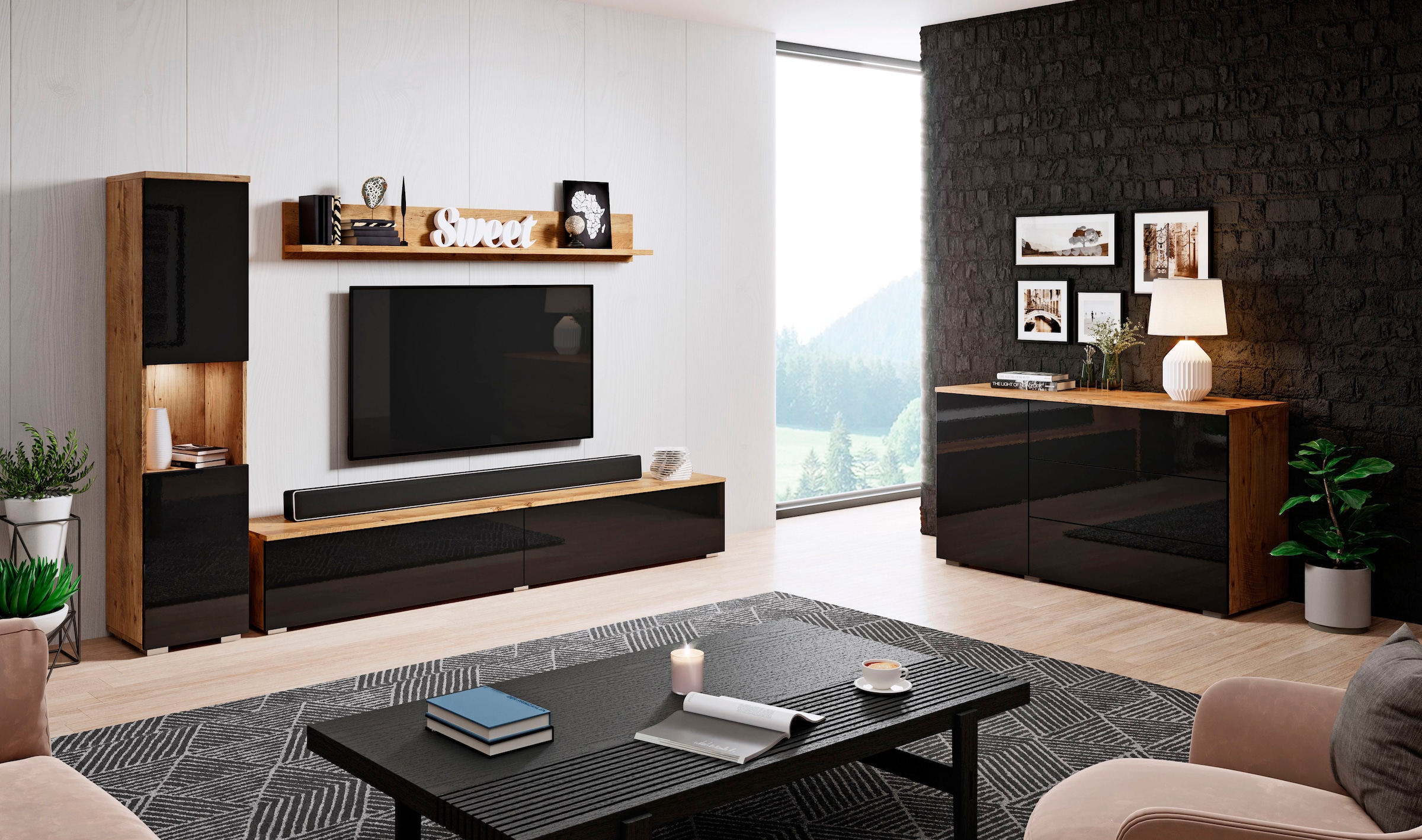 INOSIGN Wohnwand »PARIS«, (Komplett-Set, 3 St.), TV-Wand 220cm breite, grifflose Design, stehend und hängend montierbar