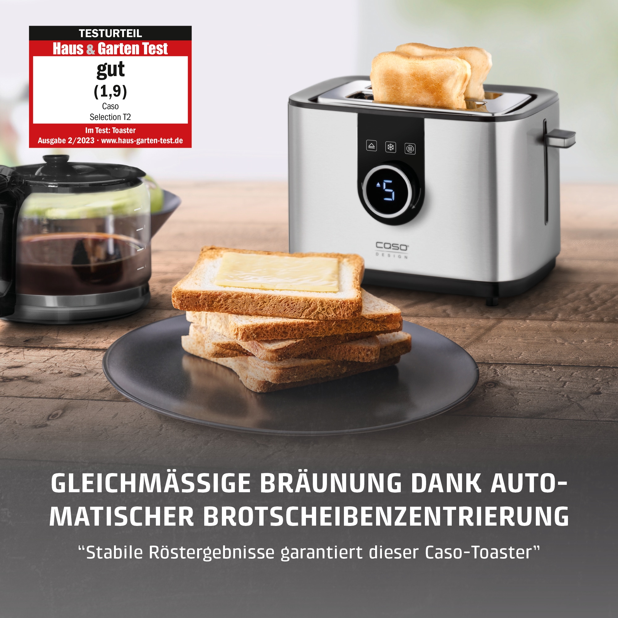 Caso Toaster »2769 Selection T2« 2 kurze Schlitze für 2 Scheiben 920 W Selbstzentrierende Einschübe für eine gleichmäßige Bräunung