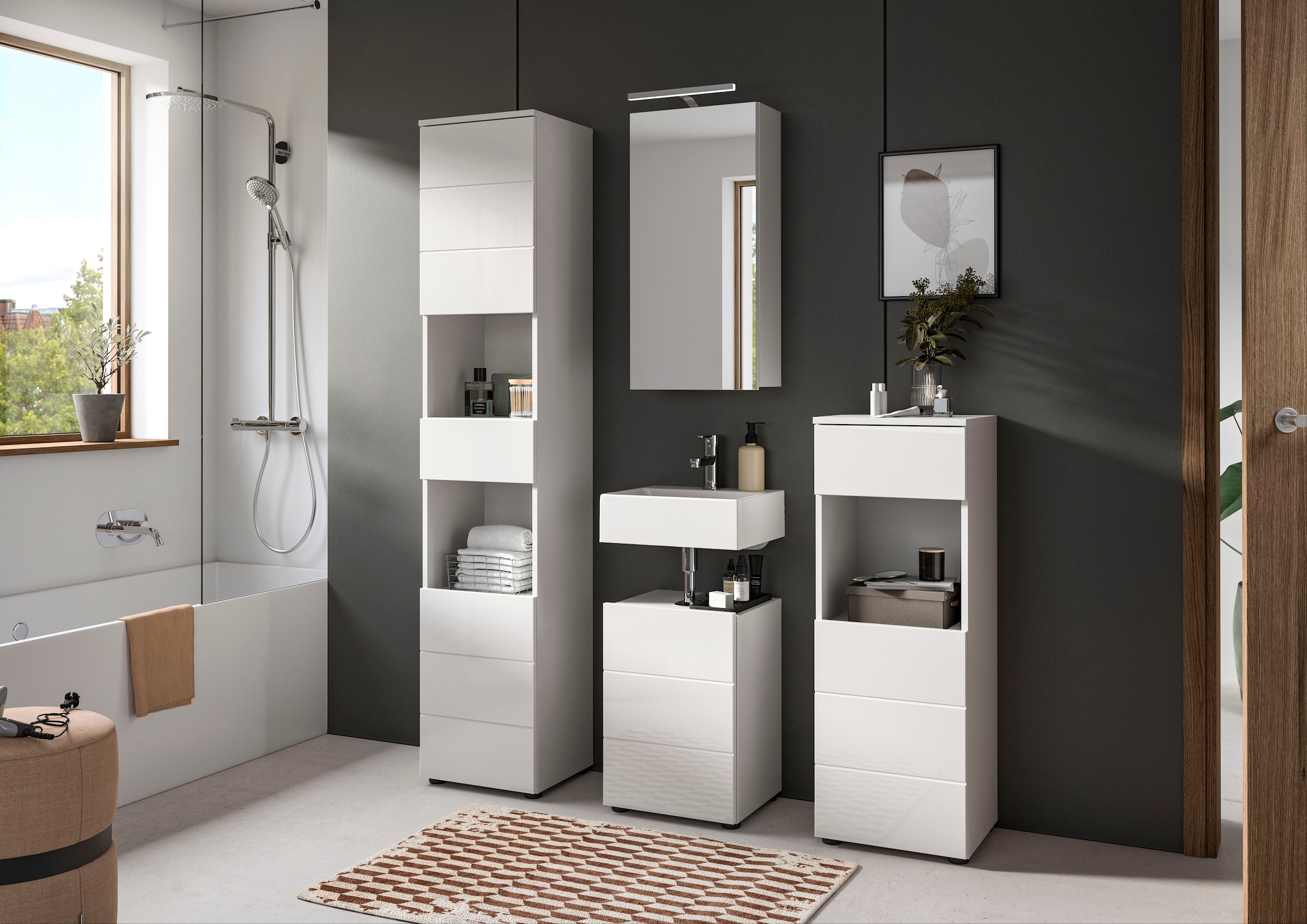 welltime Hochschrank »Biel, Höhe 190 cm, 2 Türen, 1 Schubkasten«, (1 St.), Türanschlag wechselbar, modernes Design, Badschrank, Unterschrank, Bad