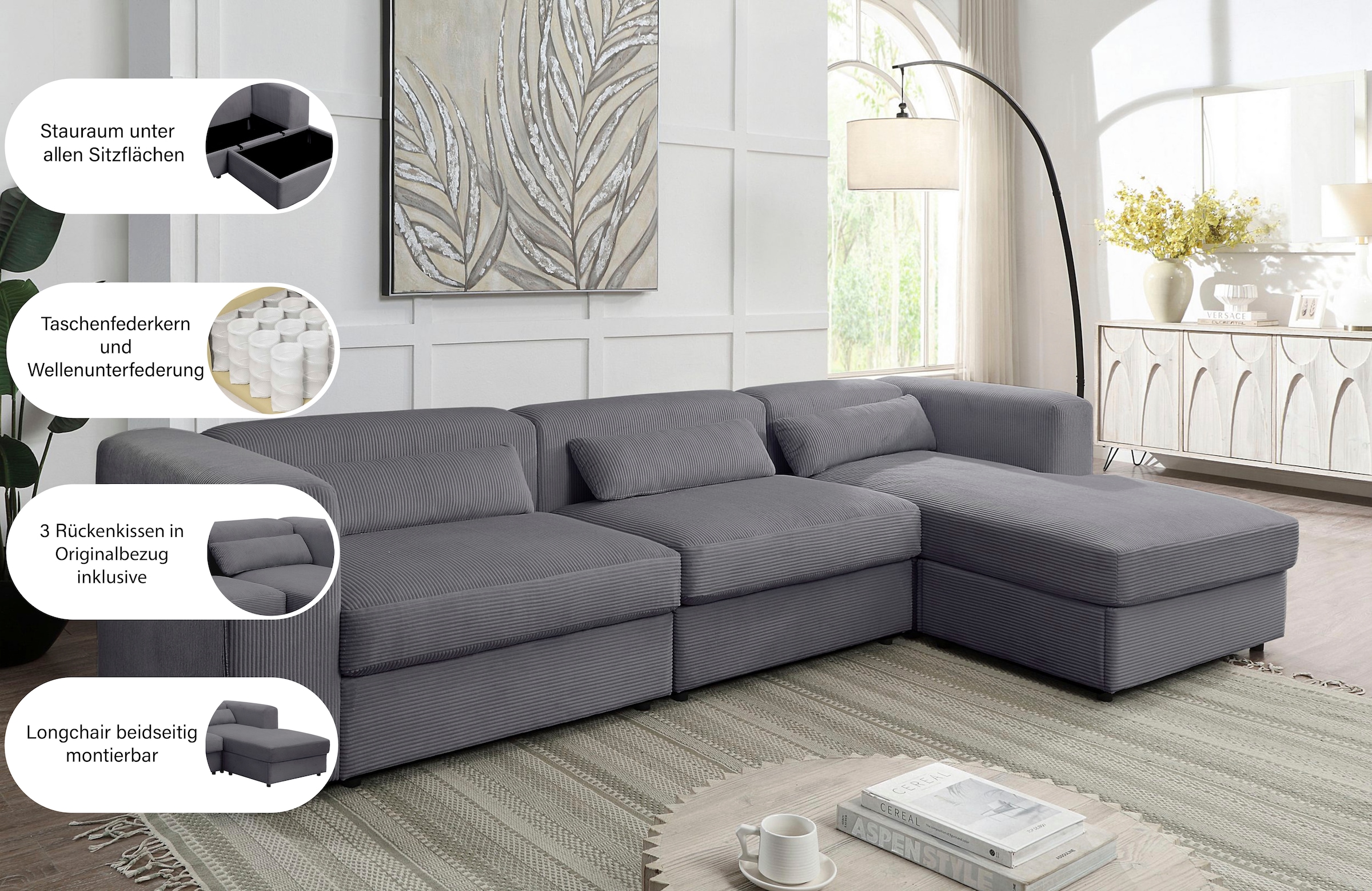 ATLANTIC home collection Ecksofa »Uno, L-Form, Breite: 307cm« beidseitig montierbarem Longchair,mit Taschenfederkern, in Cord
