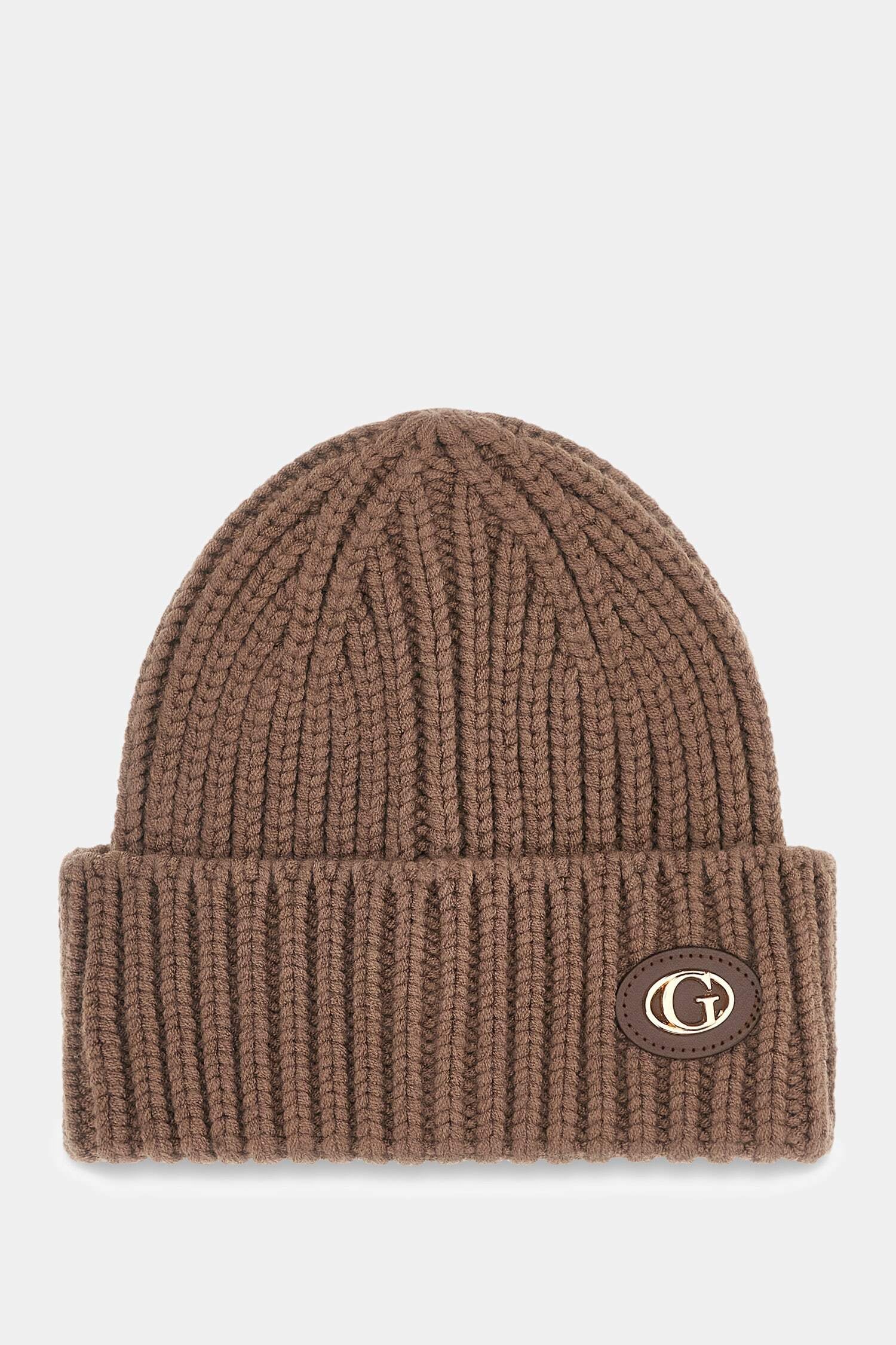 Guess Strickmütze »KNITTED BEANIE« mit Logo-Patch auf dem Umschlag