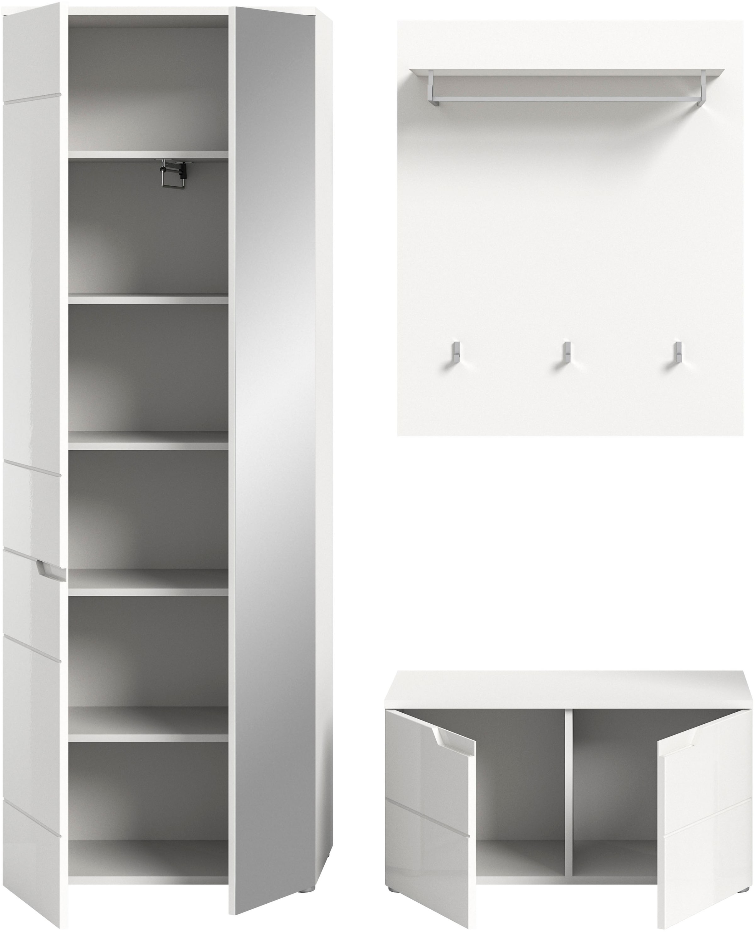 INOSIGN Garderoben-Set »CAPRI, 3-teilig, mit eingefasster Griffmulde, bestehend aus:«, (3 St.), Garderobenschrank, Sitzbank und Garderobenpaneel