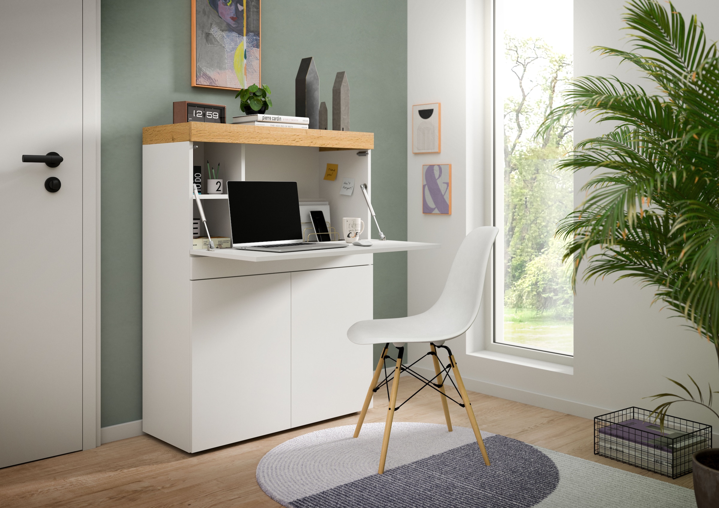 OTTO home Sekretär »MAMBO, Höhe 122cm, Home-Office-Schreibtisch, PC-Schrank« 2 Türen, 1Klappe, 7 Fächer, 1 Schubkasten, 3 höhenverstellbare Böden,  Multifunktional mit viel Stauraum, klappbare Tischfläche