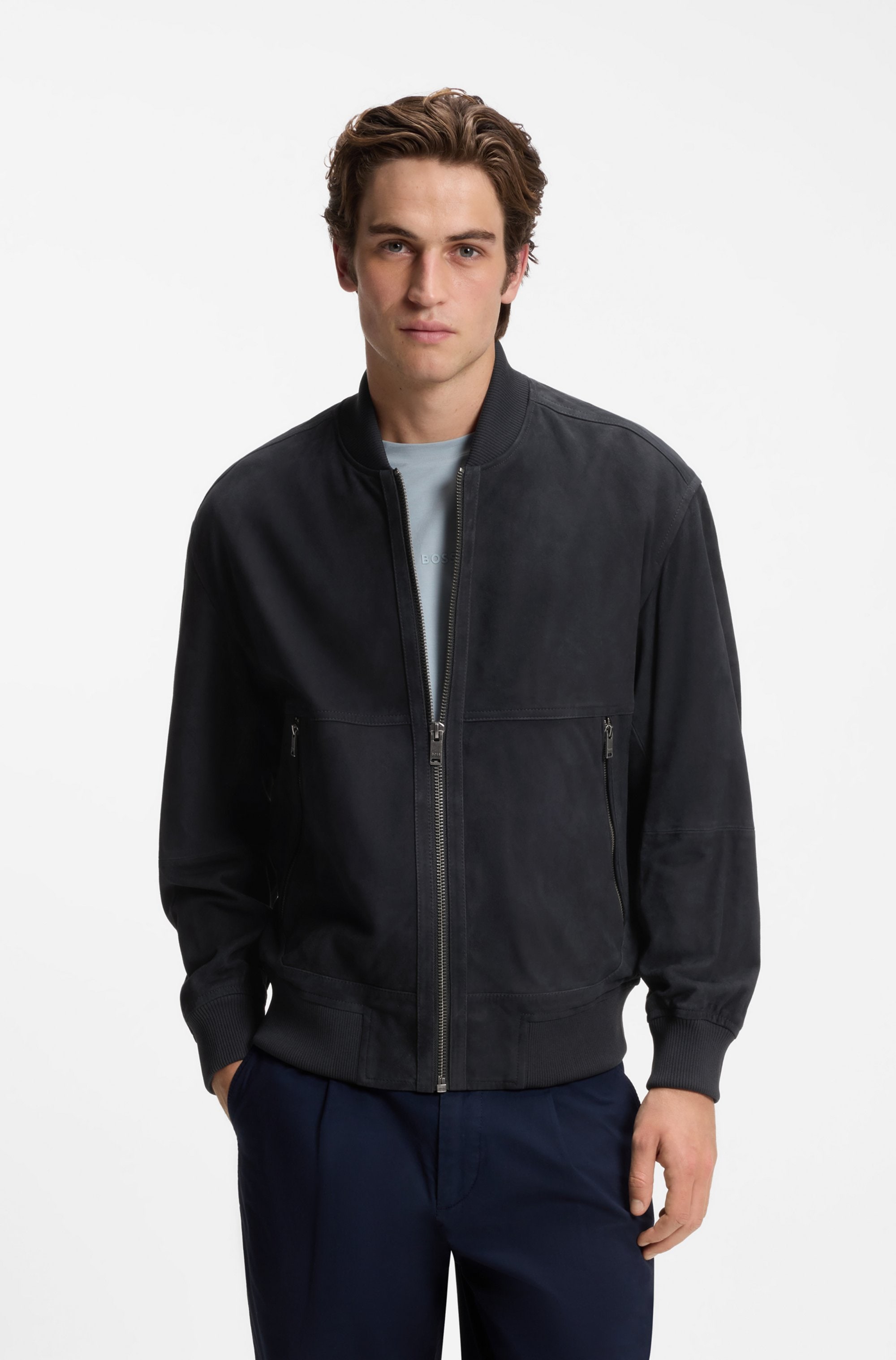 BOSS ORANGE Lederjacke »Jonorve« Weiches Ziegenveloursleder, Relaxed Fit, Rippstrickbündchen
