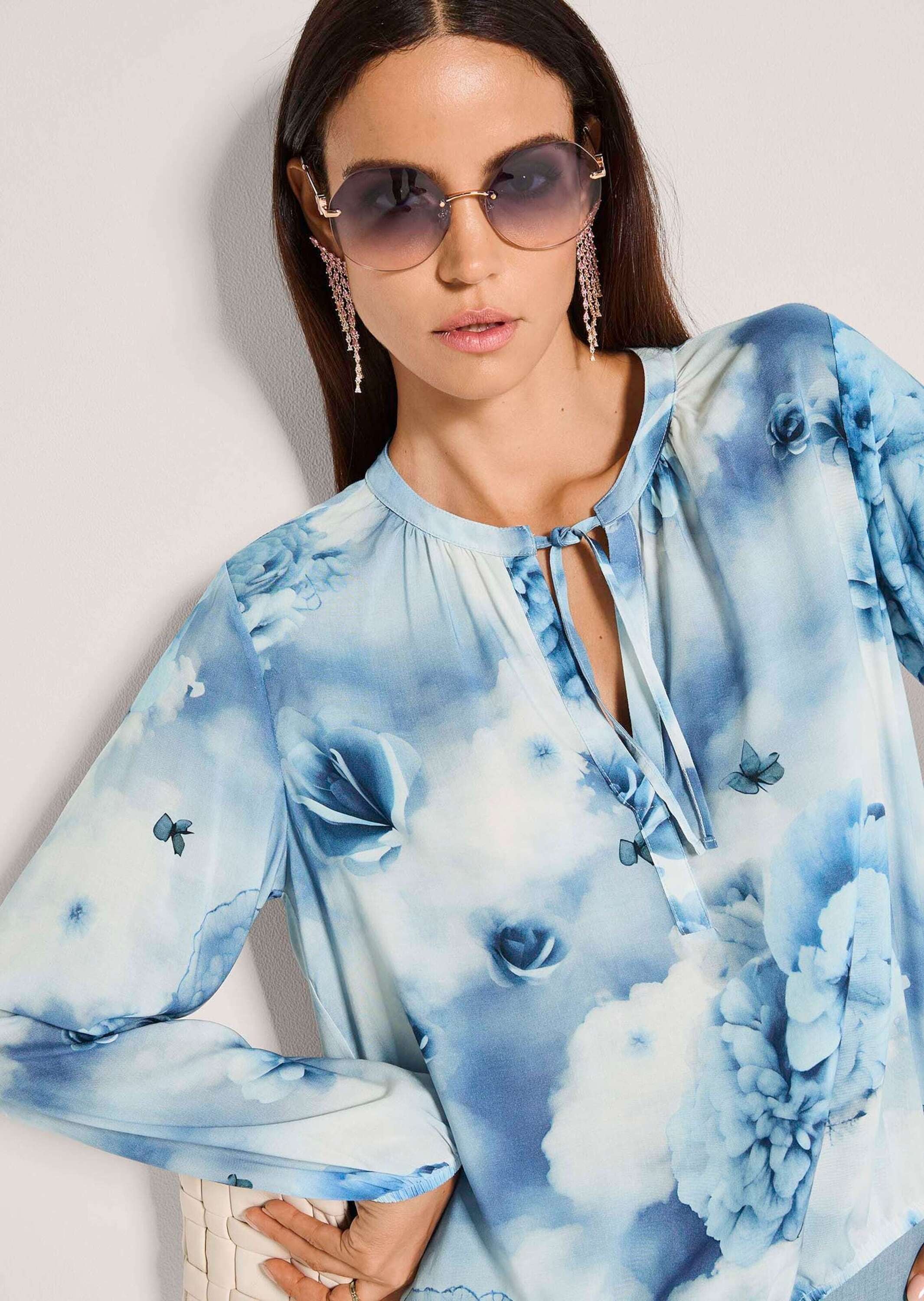 MADELEINE Langarmbluse »Blusenshirt Druckbluse mit floralem Aquarellprint« Ausschnitt mit Bindeband