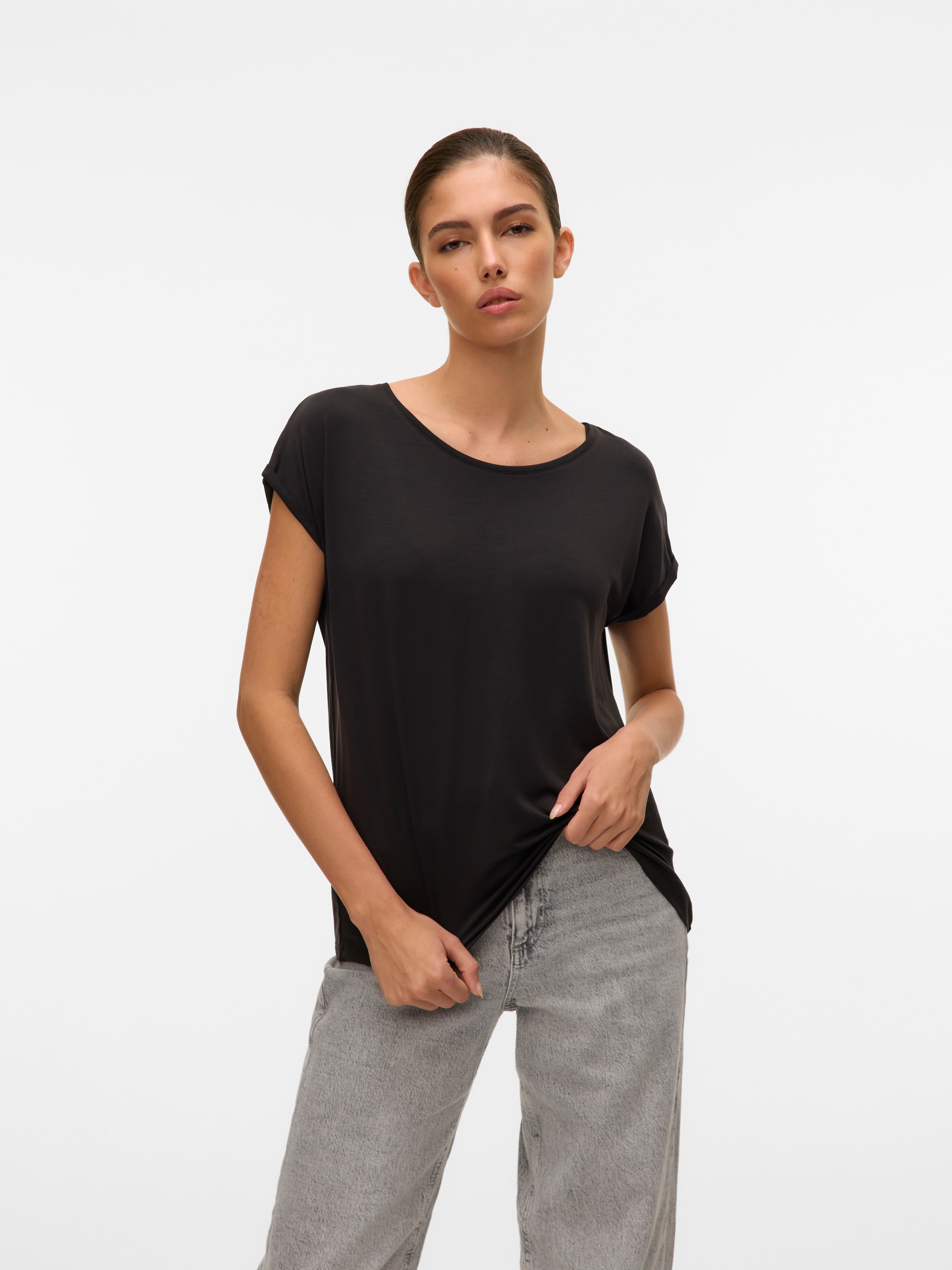 Vero Moda Rundhalsshirt »VMAVA PLAIN SS TOP GAJRS NOOS« Materialmix, regular fit