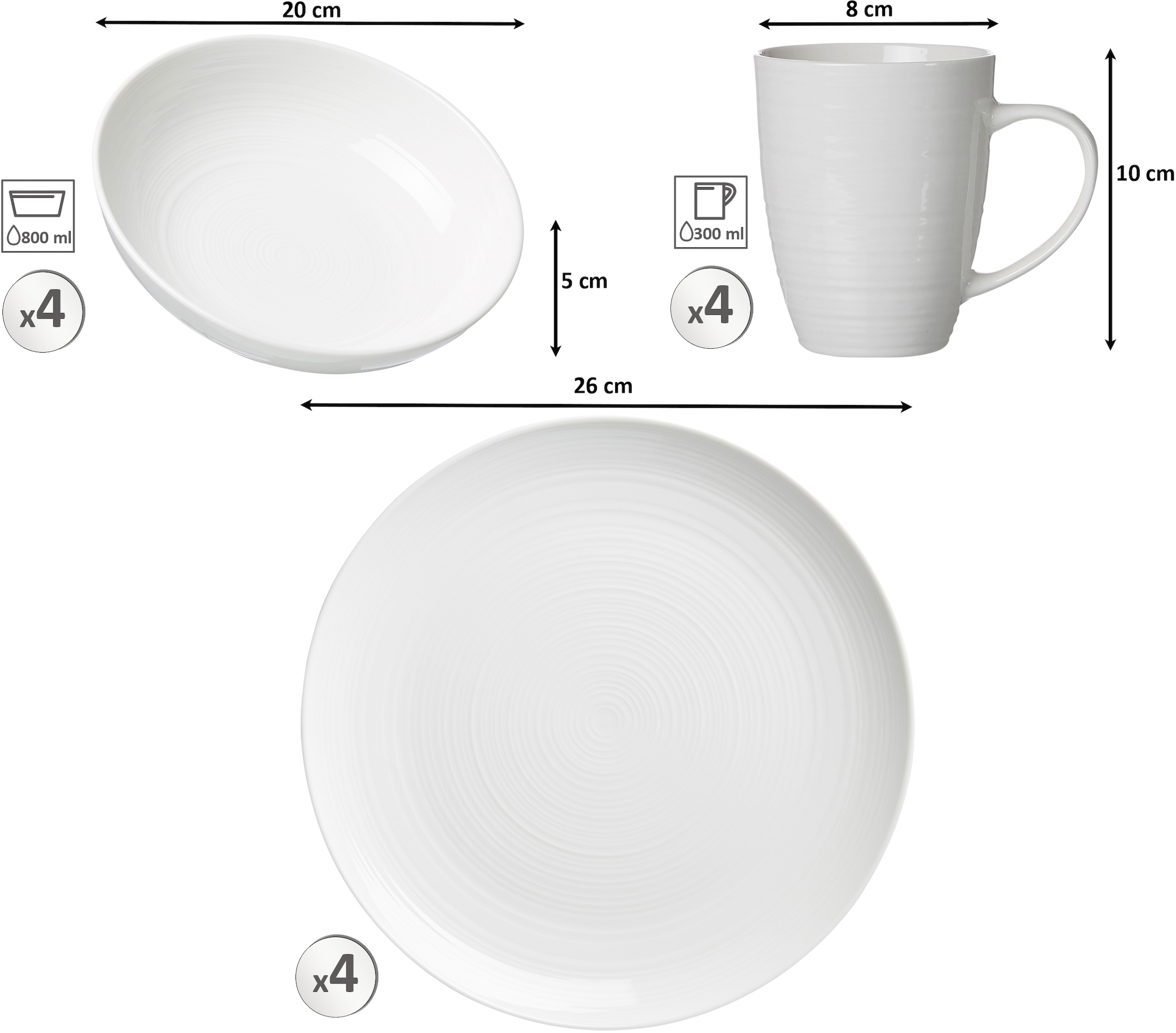 Ritzenhoff & Breker Kombiservice »Geschirr-Set, Service Suomi«, (Set, 12 tlg., 4 Teller Flach, 4 Schalen (800 ml), 4 Kaffeebecher (300 ml), skandinavisches Design, 12 Teile, für 4 Personen