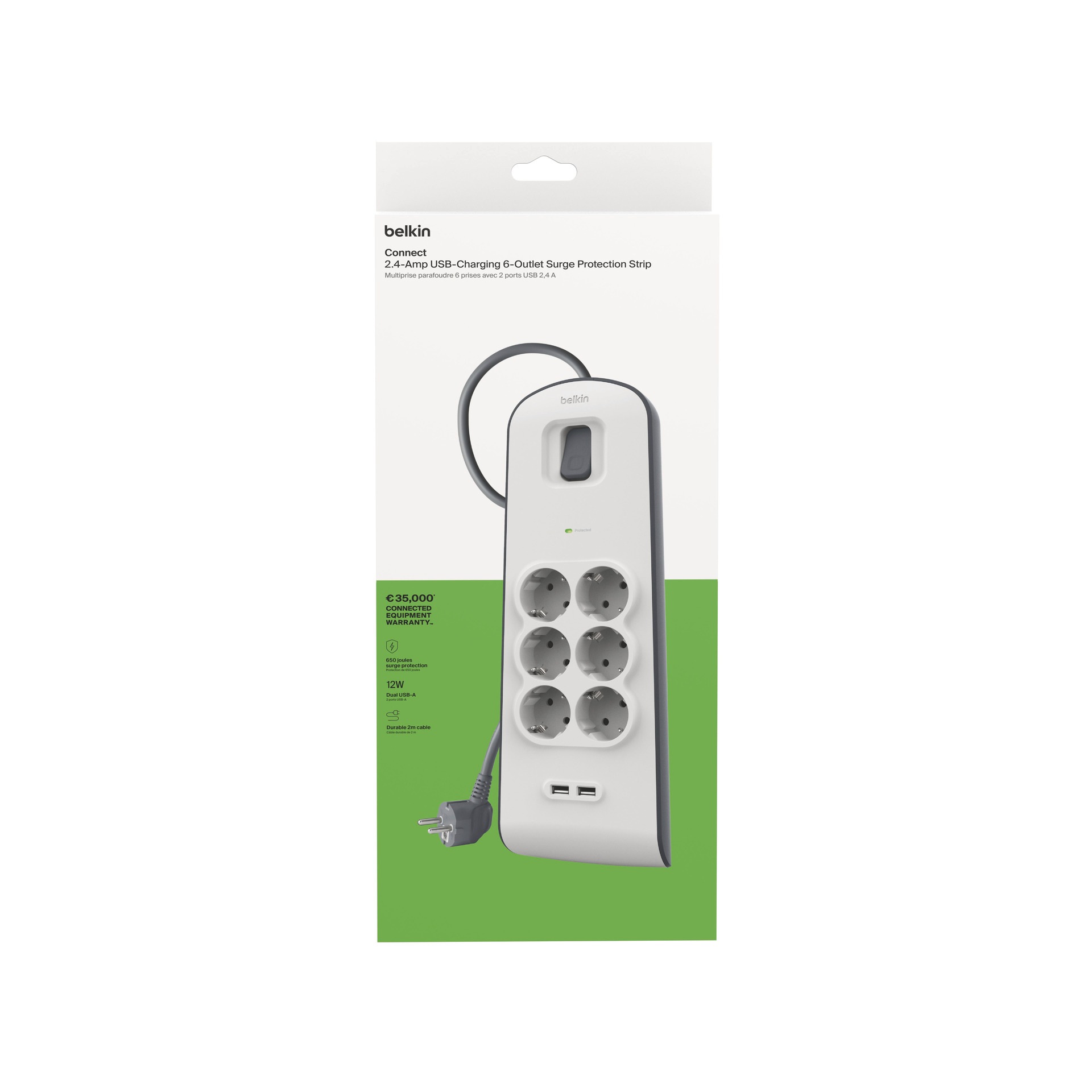 Belkin Steckdosenleiste »6fach-Steckdosenleiste mit Überspannungsschutz, 2-m-Kabel und USB-A«, 6-fach, (Ein- / Ausschalter Überspannungsschutz Kabellänge 2 m), 2 USB-Anschlüsse mit maximal 2,4 A