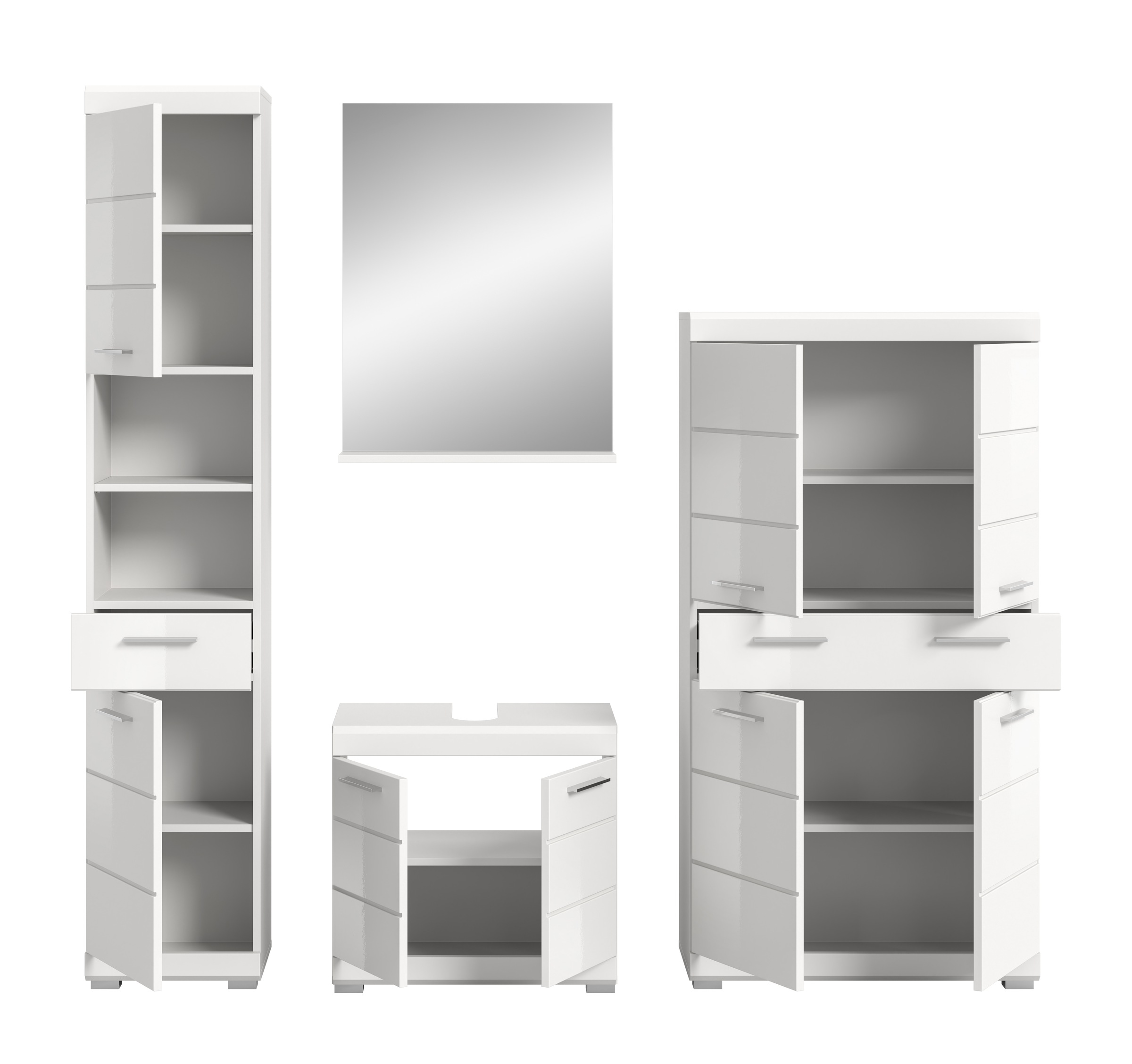 INOSIGN Badmöbel-Set »Siena, 4 teilig, bestehend aus:«, (Set, 4 St., TOPSELLER!), Hochschrank, Waschbeckenunterschrank, Badspiegel, Midischrank