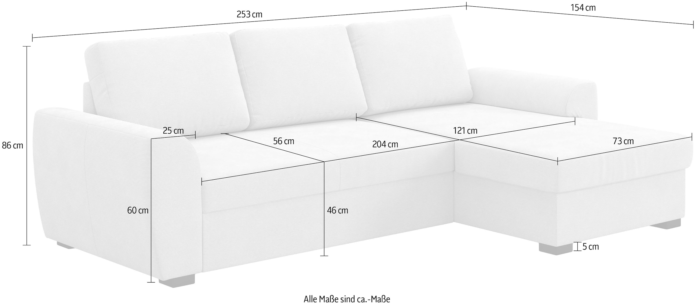 COTTA Ecksofa »Drift L-Form Recamiere, Breite 253 cm« optional auch mit Schlaffunktion, Wellenunterfederung