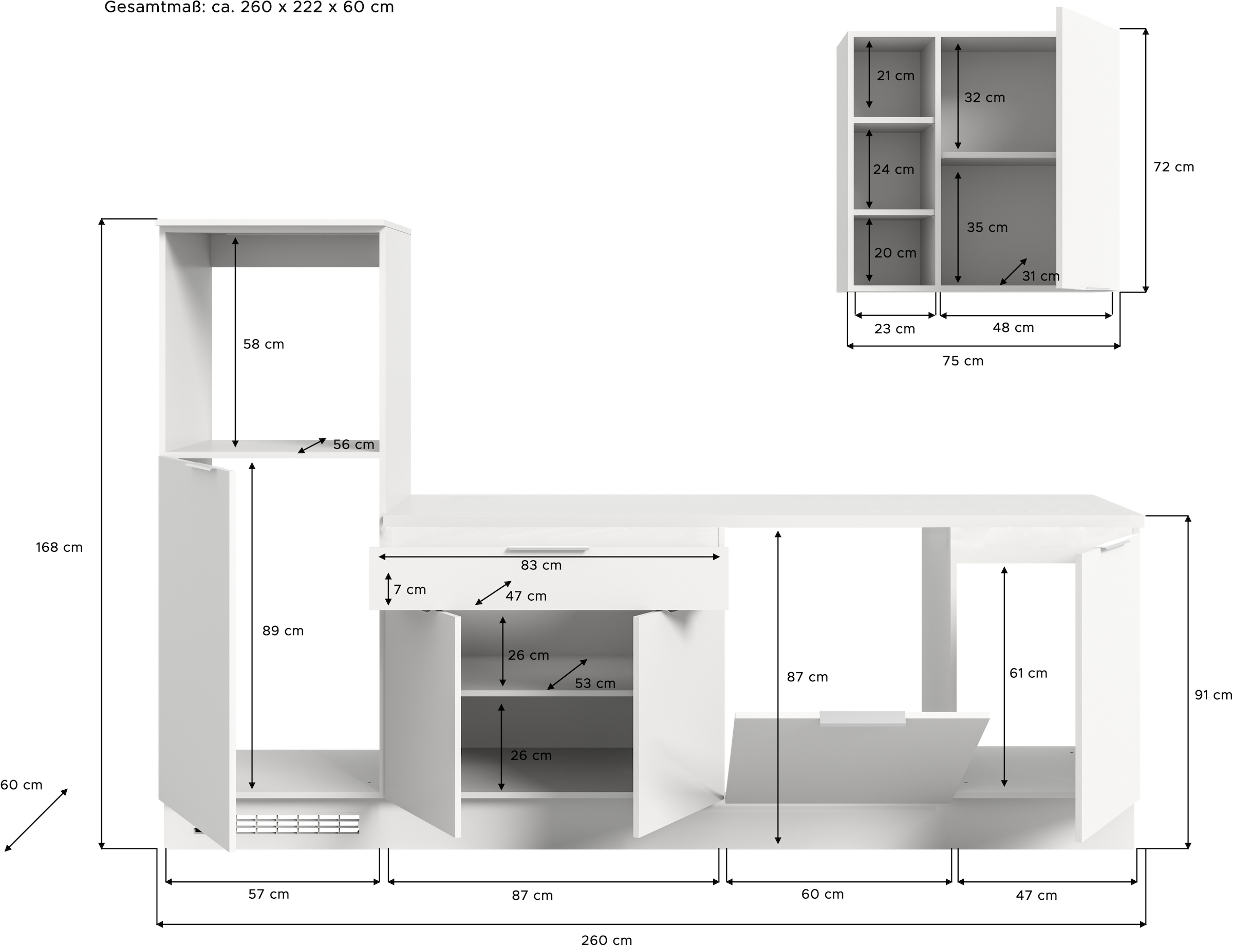 KOCHSTATION Küchenzeile »KS-Lulea« Breite 260 cm, ohne E-Geräte, mit 3 cm starker Arbeitsplatte
