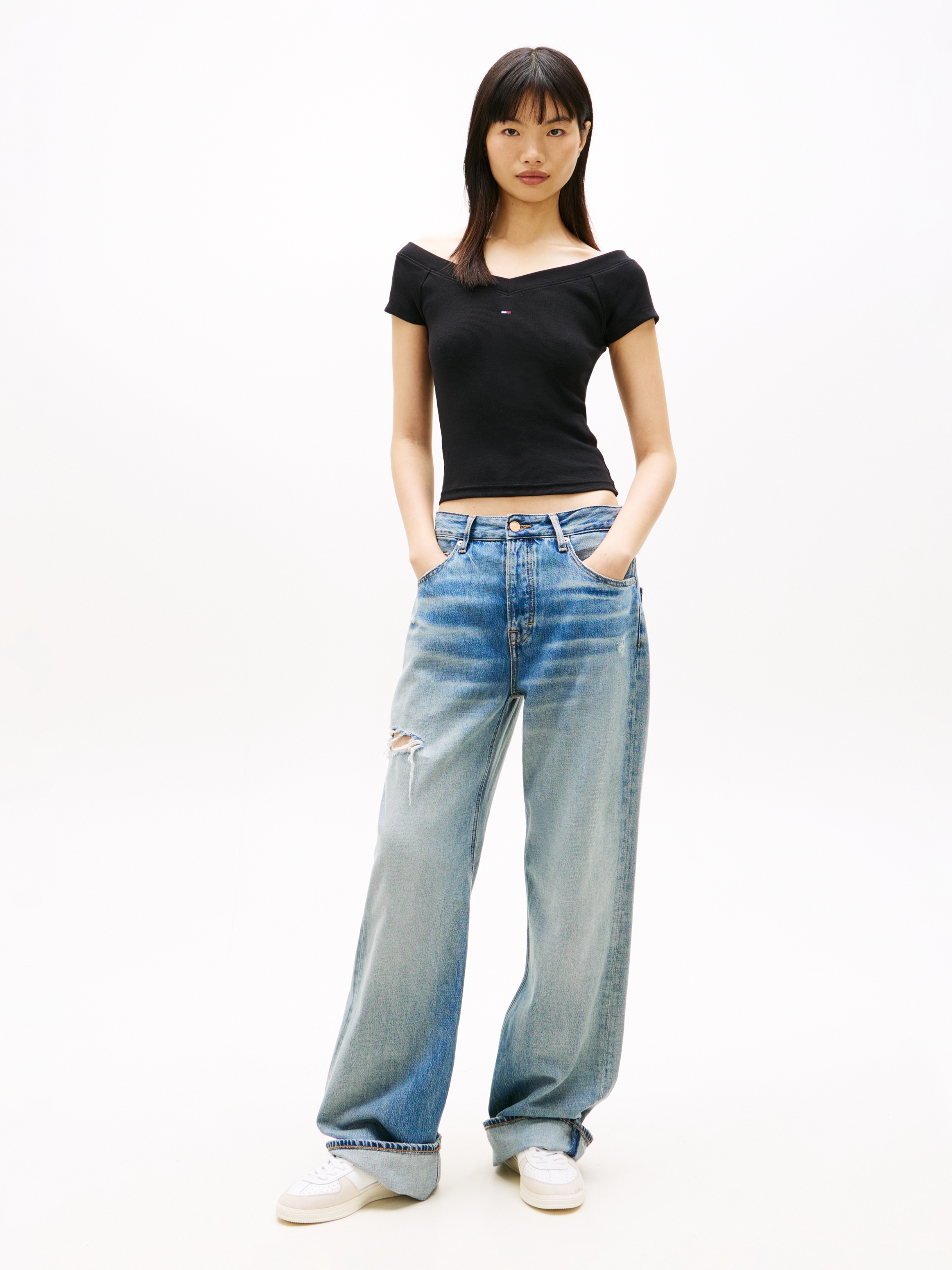 Tommy Jeans Kurzarmshirt »TJW SLIM OFF SHOULDER RIB SS TOP« mit gerippter Struktur, schulterfrei