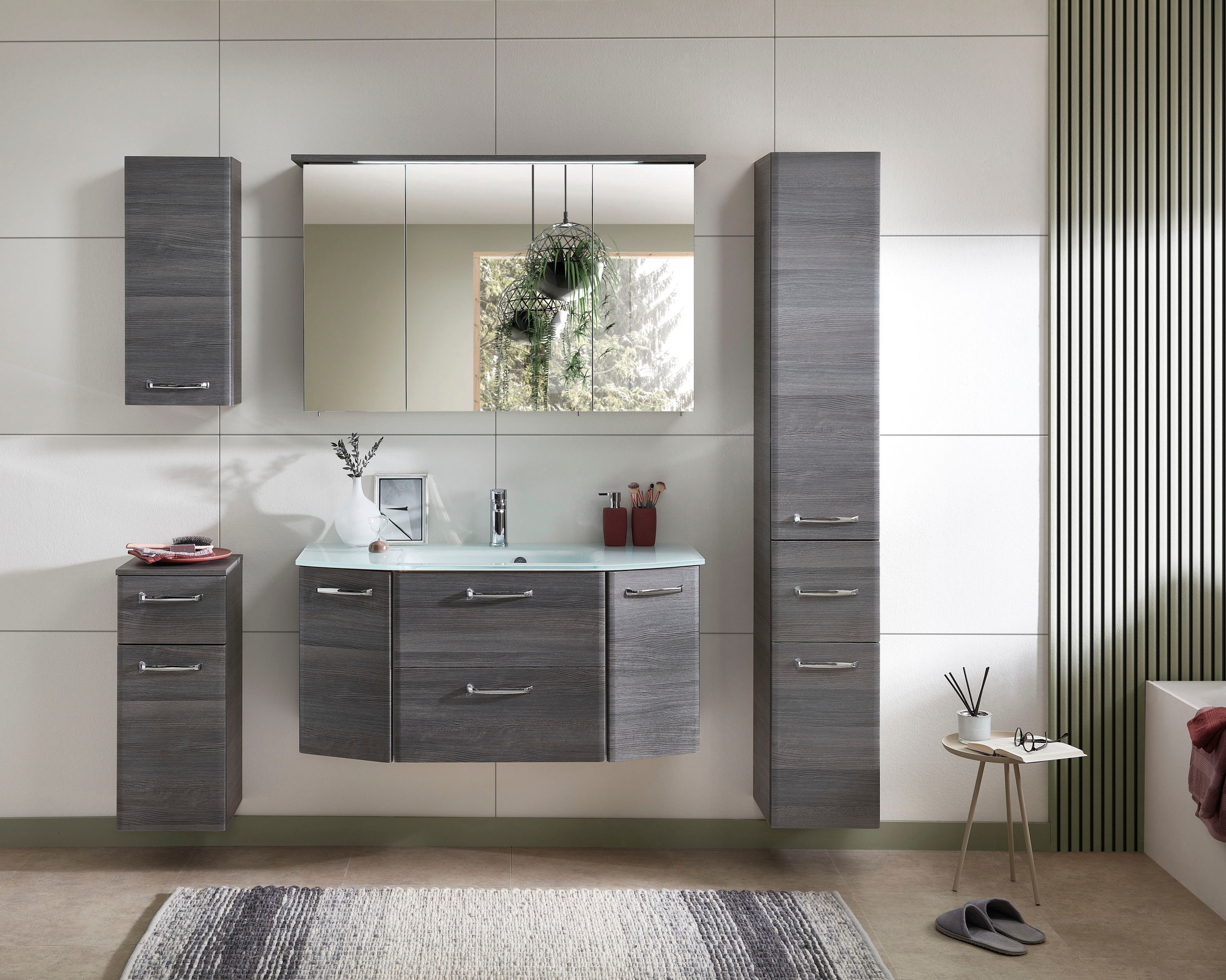 Saphir Waschtisch »Quickset Waschplatz inkl. Glaswaschtisch, 112 cm breit, 2 Türen«, Unterschrank mit Waschbecken, inkl. Türdämpfer, Griffe Chrom Glanz