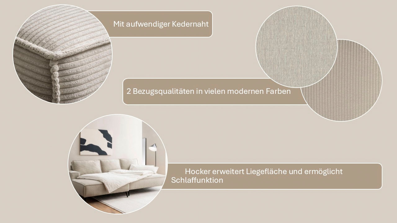 andas Ecksofa »TVINNU, L-Form, 275cm, in Cord und Flachgewebe«, wahlweise Recamiere rechts/links, schwarze Füße, bequemer Sitzkomfort